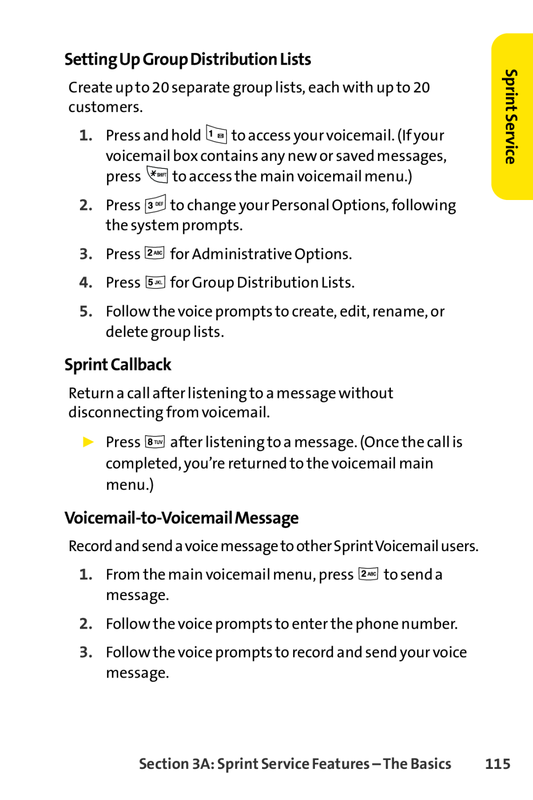 Sprint Nextel LX160 manual SettingUpGroupDistributionLists, SprintCallback, Voicemail-to-VoicemailMessage, Sprint Service 