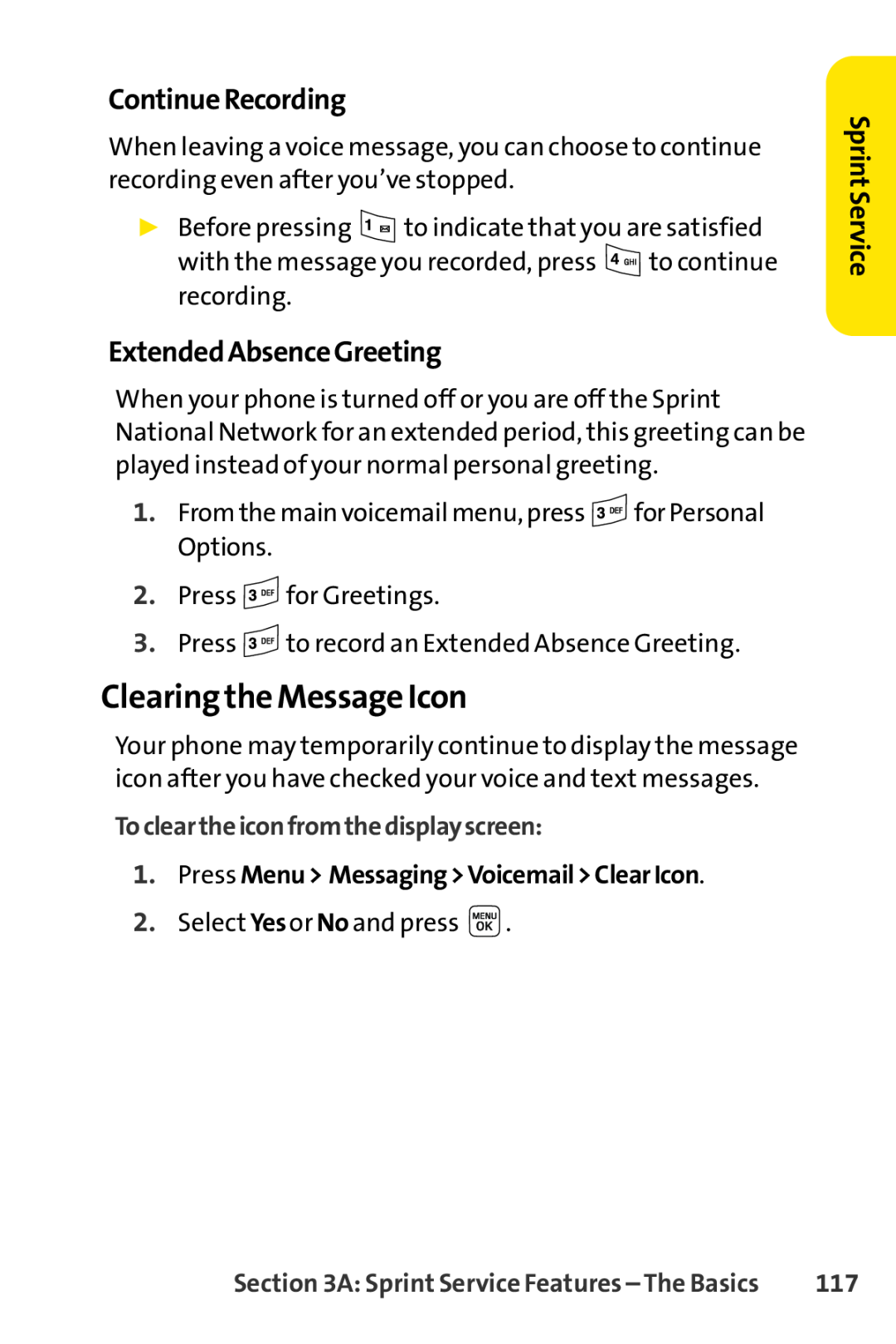Sprint Nextel LX160 manual Clearing the Message Icon, ContinueRecording, ExtendedAbsenceGreeting, Sprint Service 