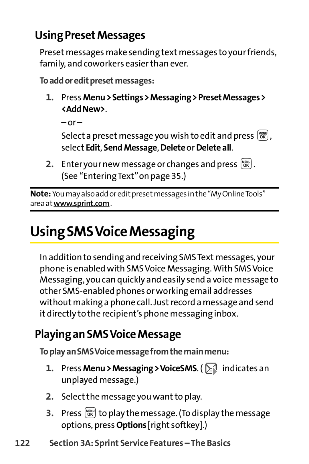 Sprint Nextel LX160 Using SMSVoice Messaging, Using PresetMessages, Playing an SMSVoice Message, Toaddoreditpresetmessages 