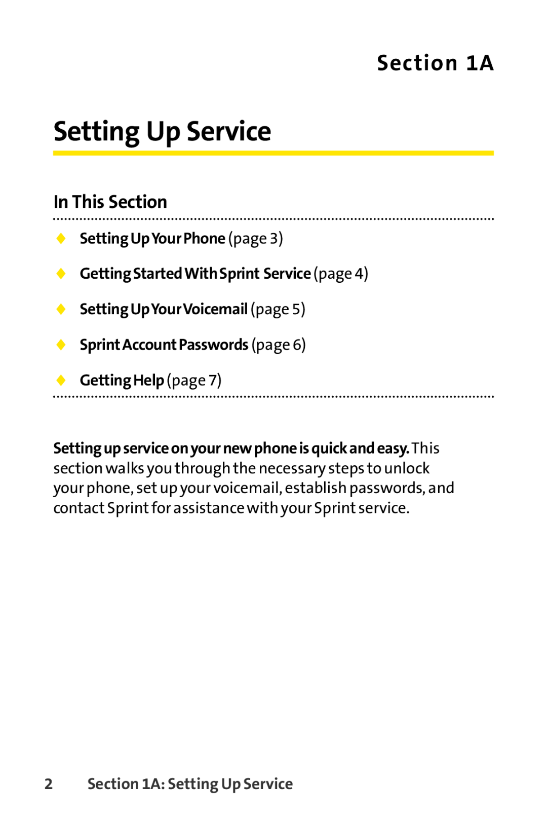 Sprint Nextel LX160 Setting Up Service, In This Section,  SettingUpYourVoicemail page  SprintAccountPasswords page 