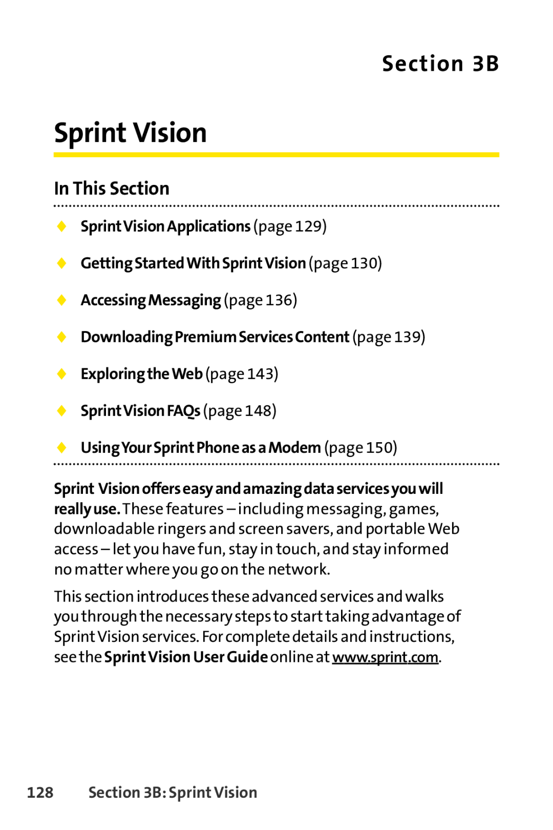 Sprint Nextel LX160 manual Sprint Vision, B,  SprintVisionApplications page  GettingStartedWithSprintVision page 
