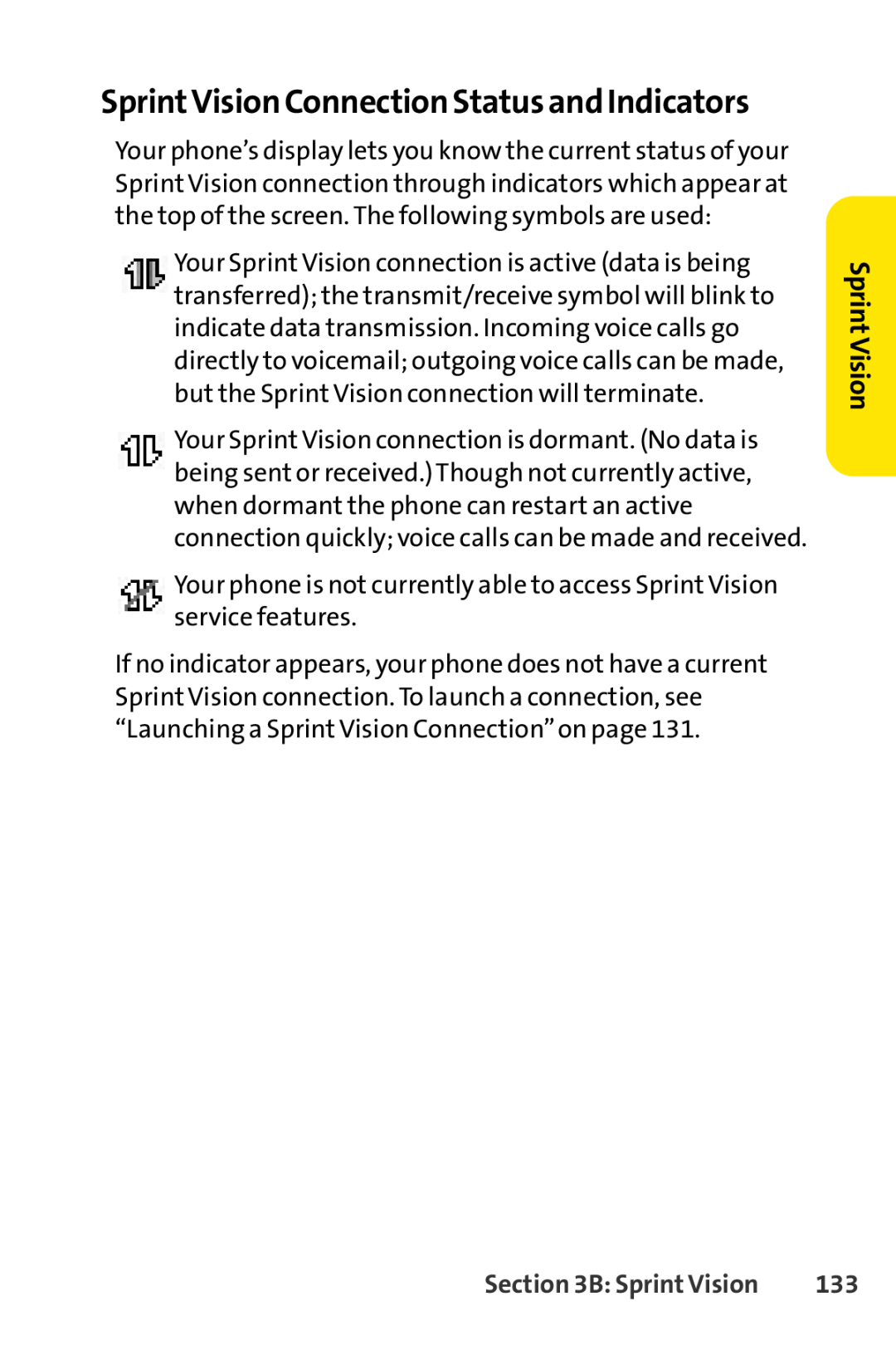Sprint Nextel LX160 manual SprintVision Connection Status and Indicators, Sprint Vision 