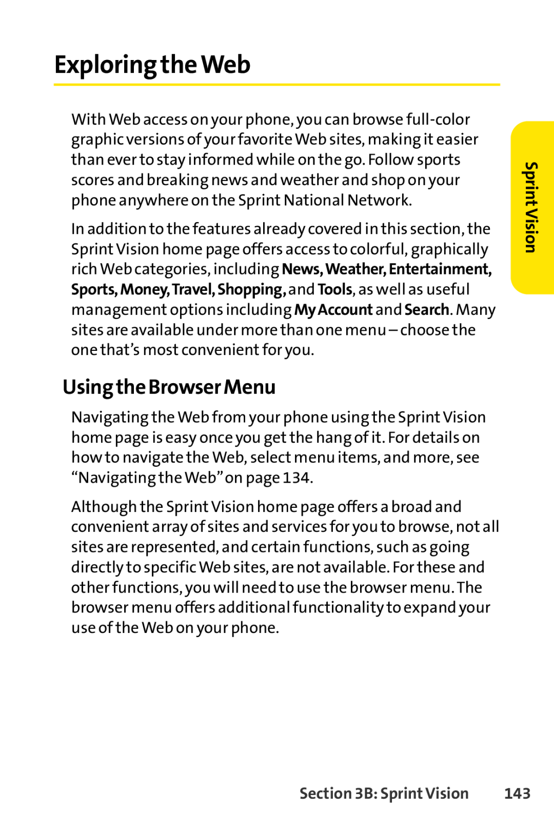 Sprint Nextel LX160 manual Exploring the Web, Using the Browser Menu, Sprint Vision 