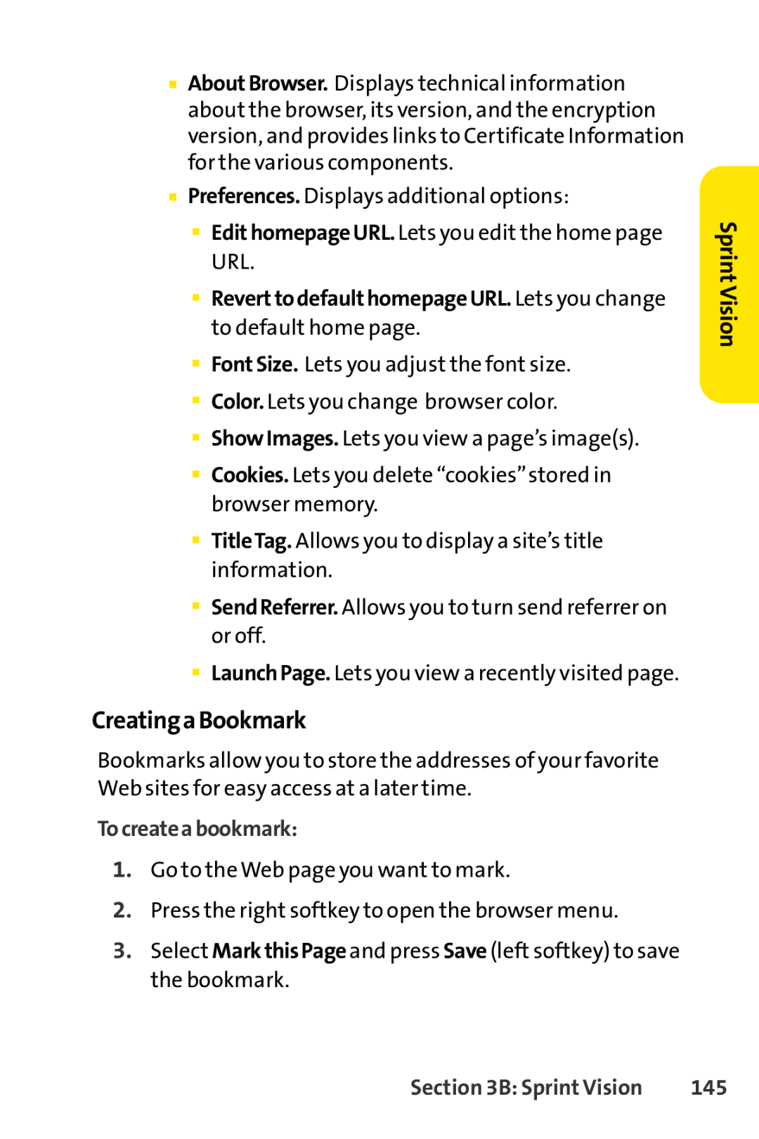 Sprint Nextel LX160 CreatingaBookmark,  ReverttodefaulthomepageURL. Lets you change to default home page, Sprint Vision 