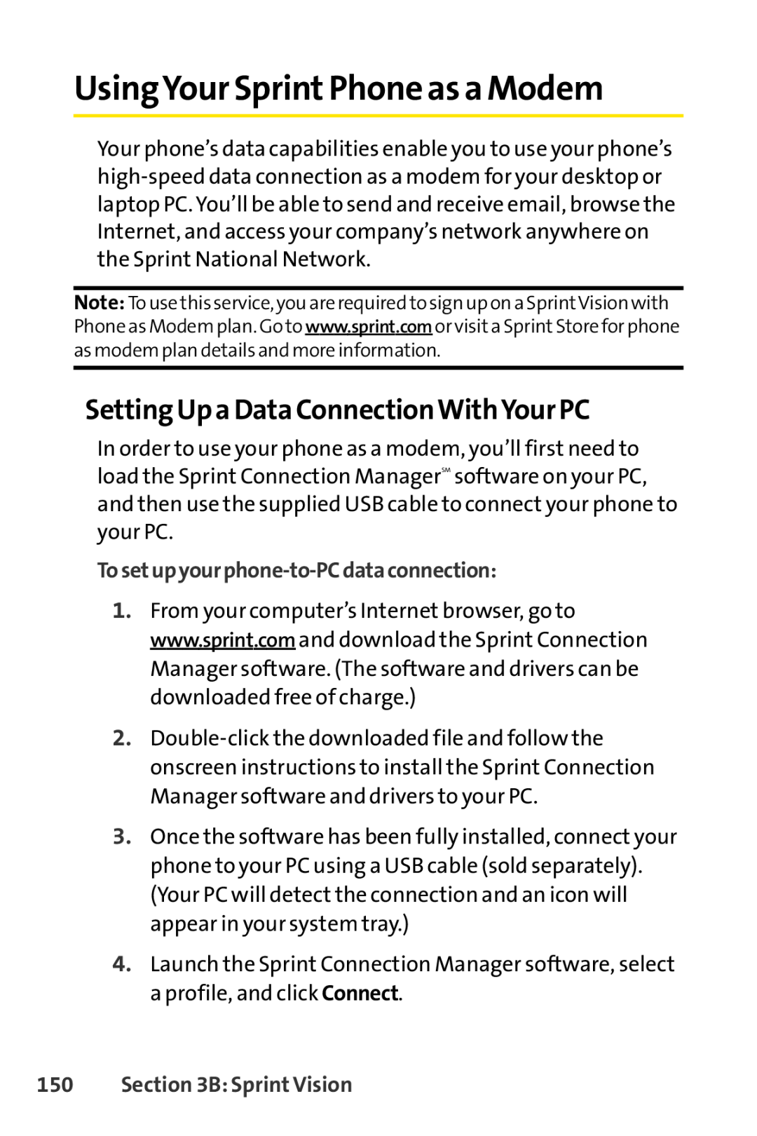 Sprint Nextel LX160 manual UsingYour SprintPhone as a Modem, Setting Up a Data ConnectionWithYour PC, B Sprint Vision 