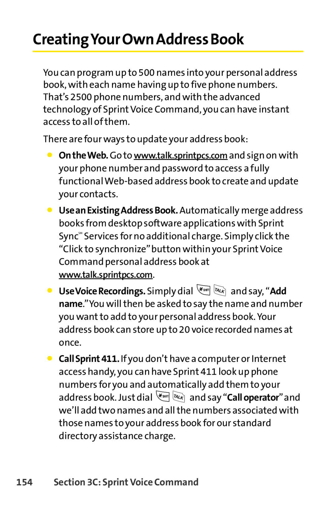 Sprint Nextel LX160 manual CreatingYour Own Address Book, C Sprint Voice Command 