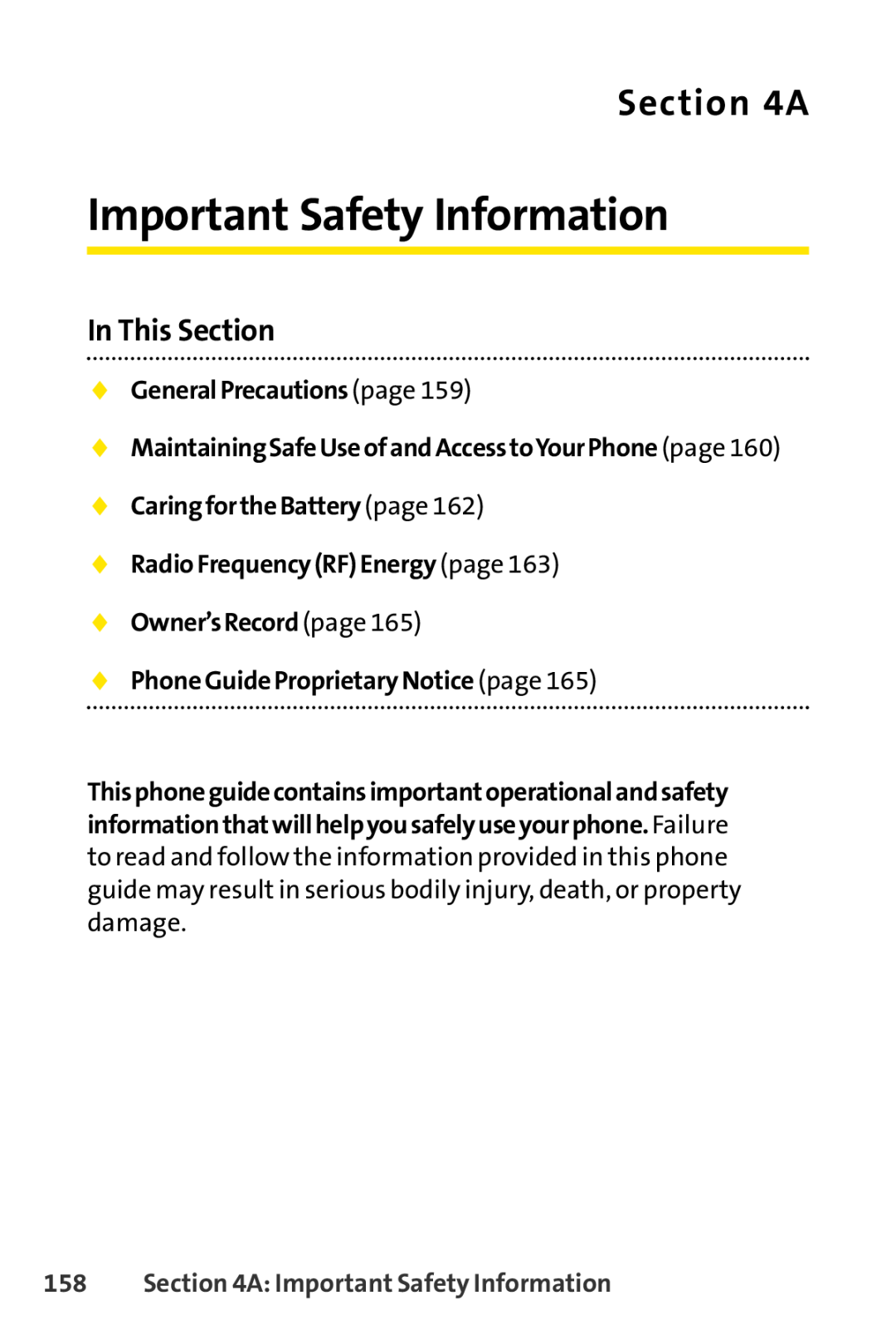 Sprint Nextel LX160 manual  GeneralPrecautions page, A Important Safety Information, In This Section 