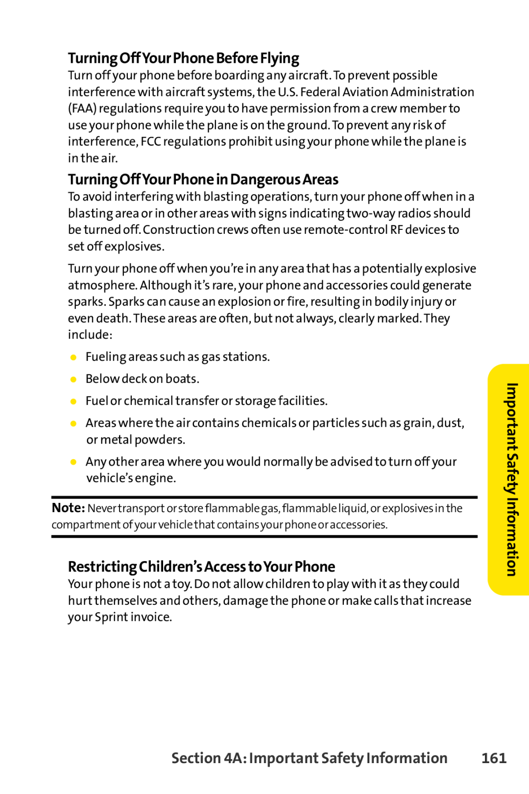 Sprint Nextel LX160 TurningOffYourPhoneBeforeFlying, TurningOffYourPhoneinDangerousAreas, Important Safety Information 