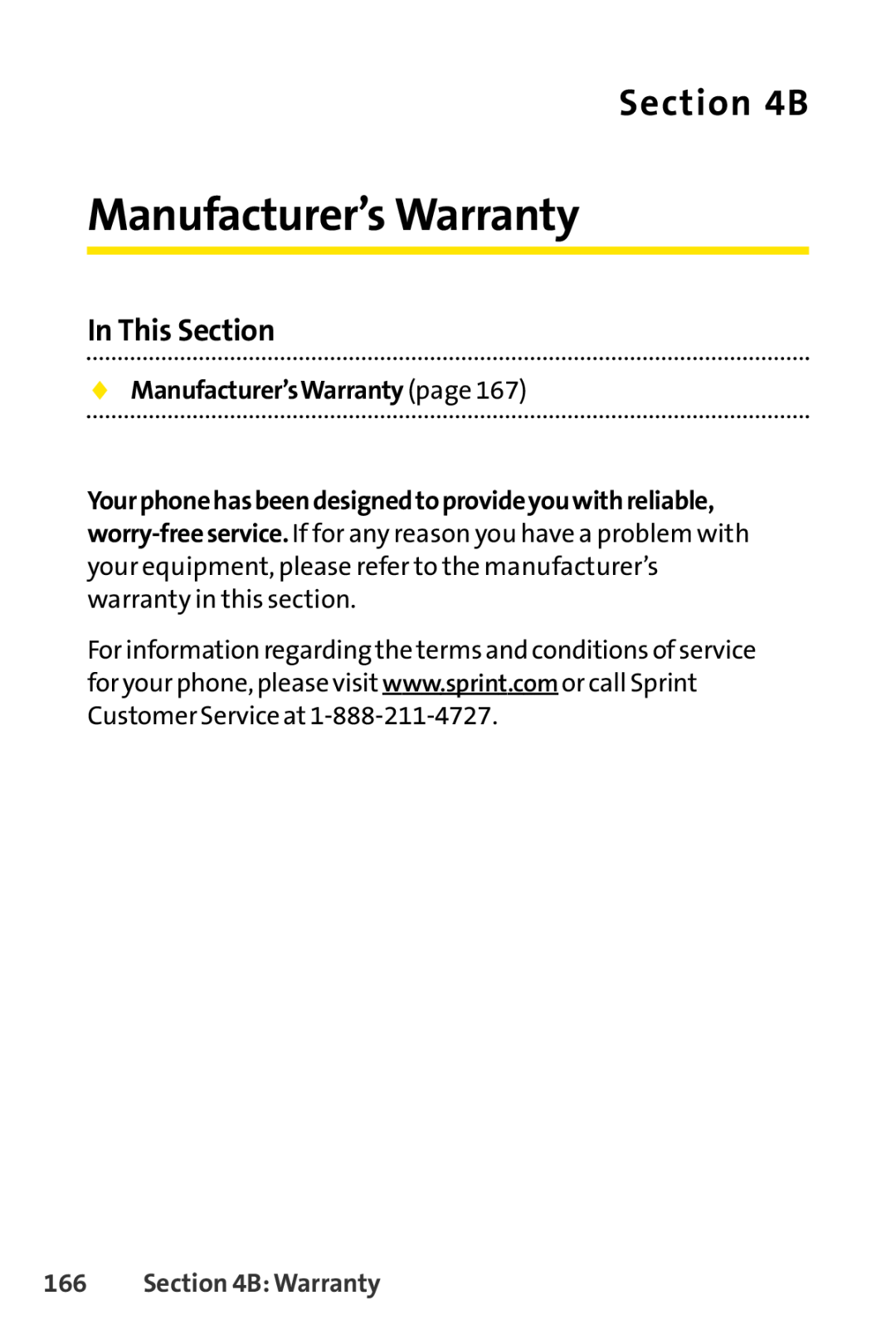 Sprint Nextel LX160 manual Manufacturer’s Warranty,  Manufacturer’sWarranty page, B Warranty, In This Section 