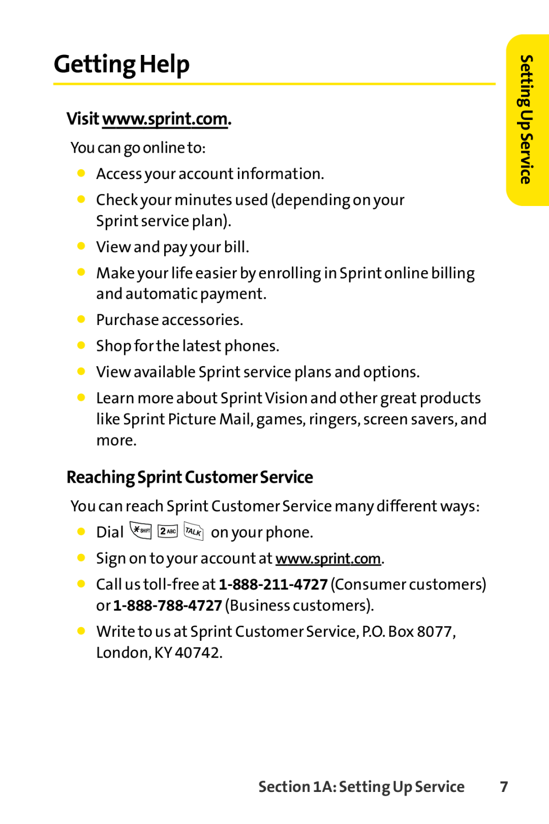 Sprint Nextel LX160 manual Getting Help, ReachingSprintCustomerService, Setting Up Service 