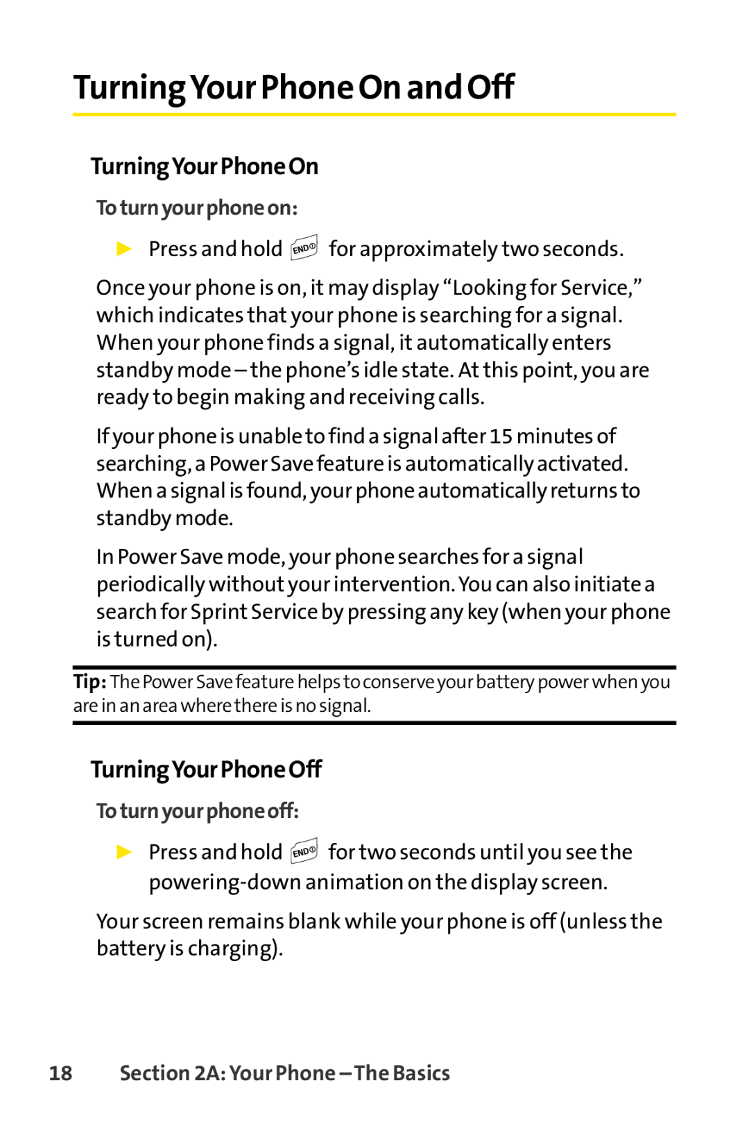 Sprint Nextel LX160 manual TurningYour Phone On and Off, TurningYourPhoneOn, TurningYourPhoneOff, Toturnyourphoneon 