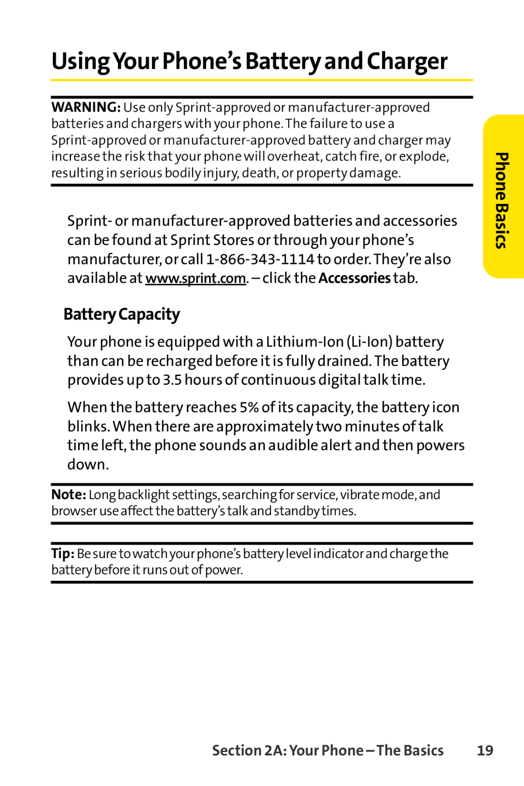 Sprint Nextel LX160 manual UsingYour Phone’s Batteryand Charger, BatteryCapacity, Phone Basics 