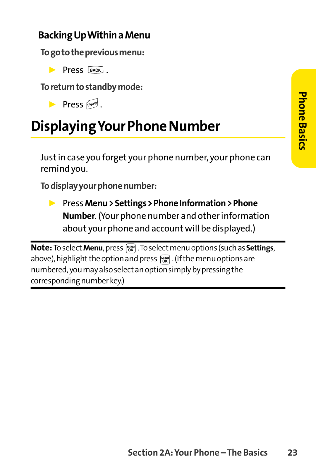 Sprint Nextel LX160 manual DisplayingYour Phone Number, BackingUpWithinaMenu, Togotothepreviousmenu, Toreturntostandbymode 