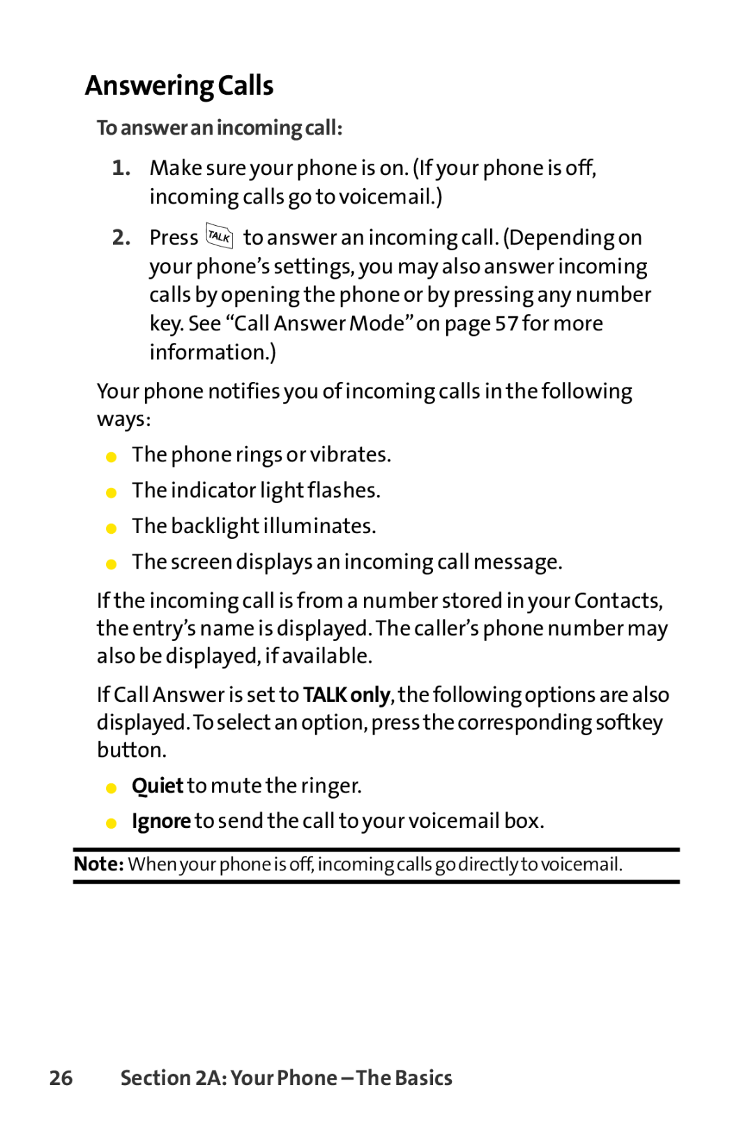 Sprint Nextel LX160 manual Answering Calls, Toansweranincomingcall, A Your Phone - The Basics 