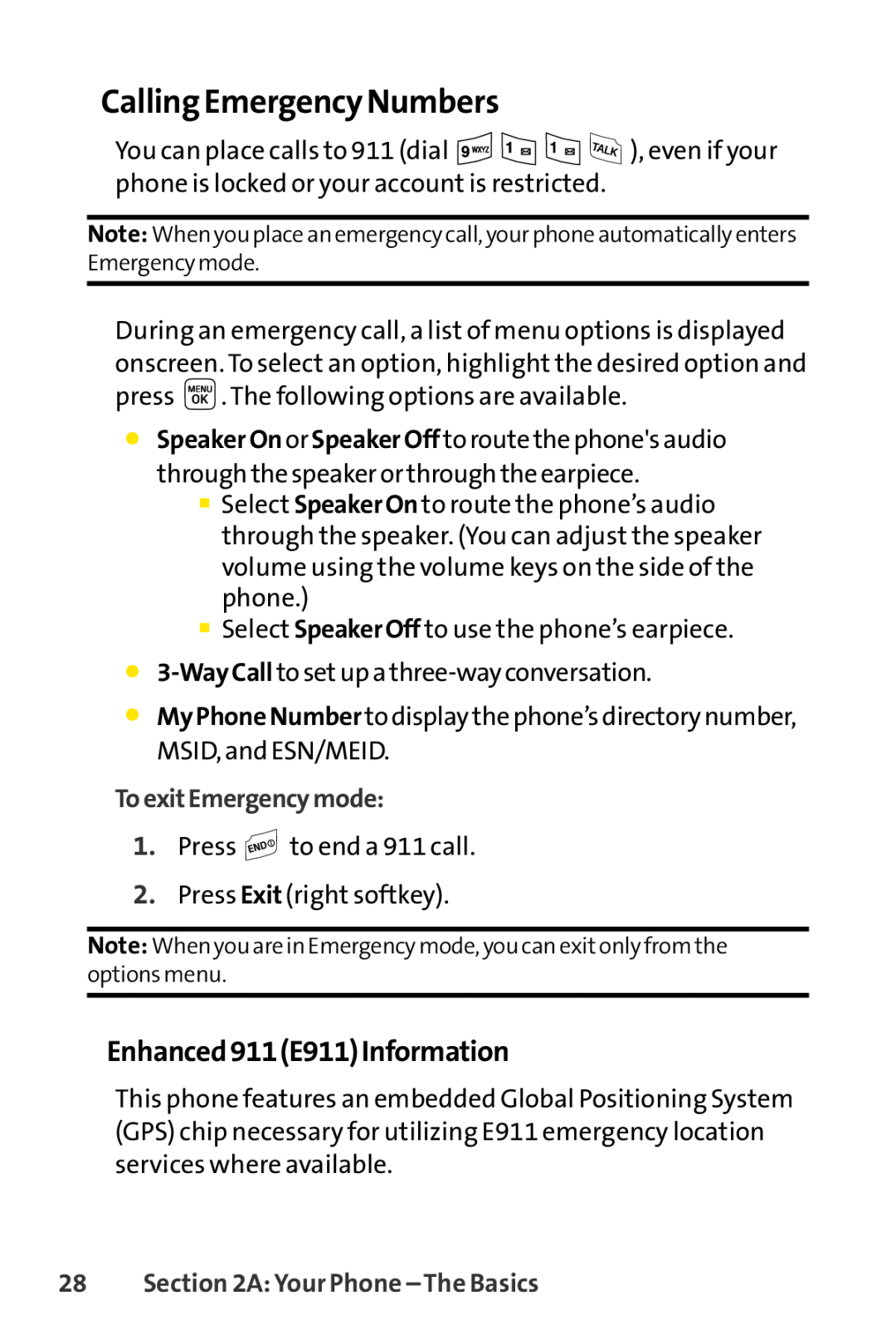 Sprint Nextel LX160 Calling Emergency Numbers, Enhanced911E911Information, ToexitEmergencymode, A Your Phone - The Basics 