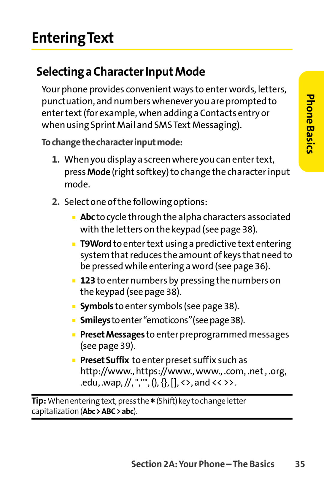 Sprint Nextel LX160 manual EnteringText, Selectinga Character InputMode, Tochangethecharacterinputmode, Phone Basics 