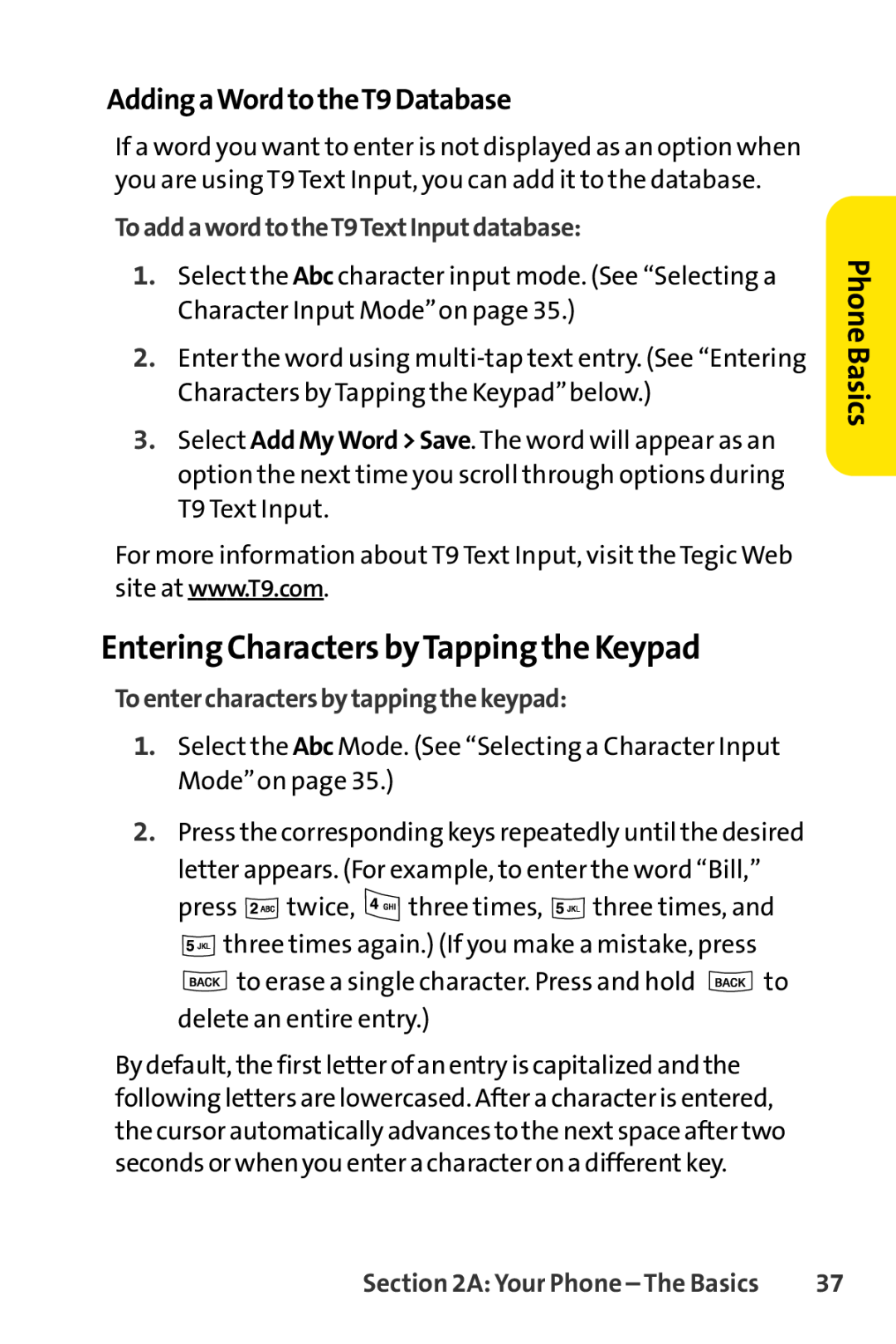 Sprint Nextel LX160 manual Entering Characters byTapping the Keypad, AddingaWordtotheT9Database, Phone Basics 
