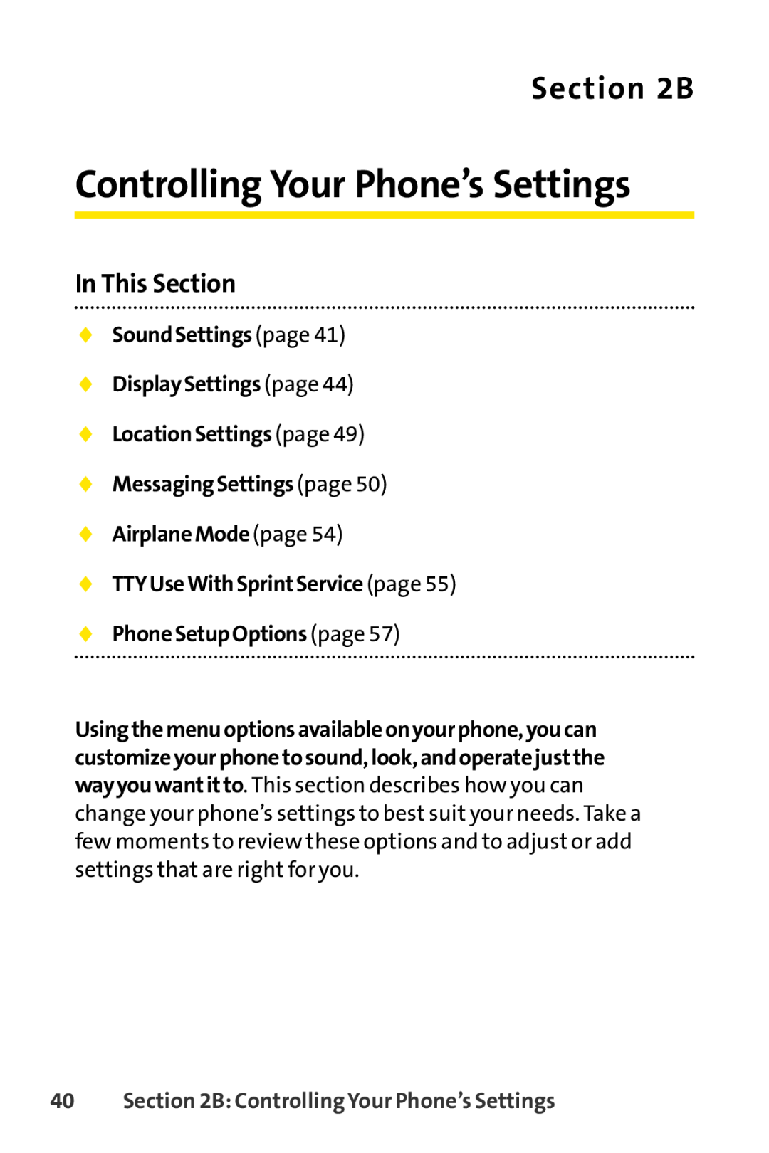 Sprint Nextel LX160 Controlling Your Phone’s Settings, B,  MessagingSettings page  AirplaneMode page, In This Section 