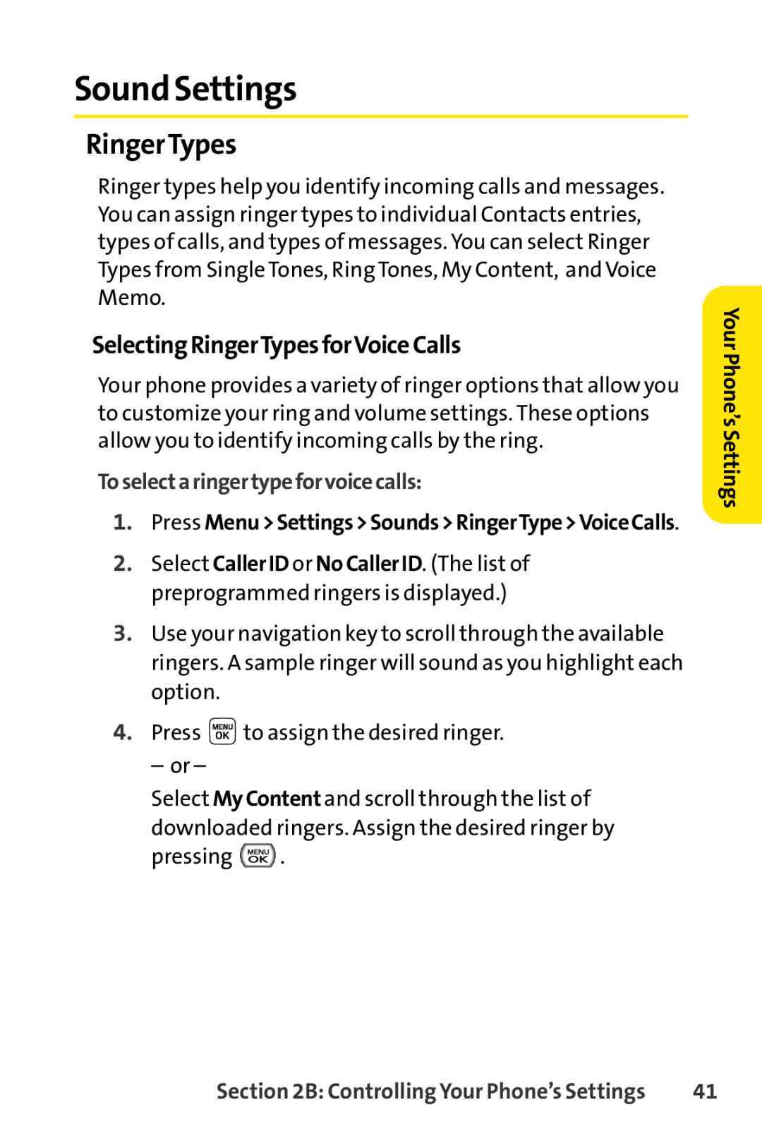 Sprint Nextel LX160 manual Sound Settings, SelectingRingerTypesforVoiceCalls, Toselectaringertypeforvoicecalls 