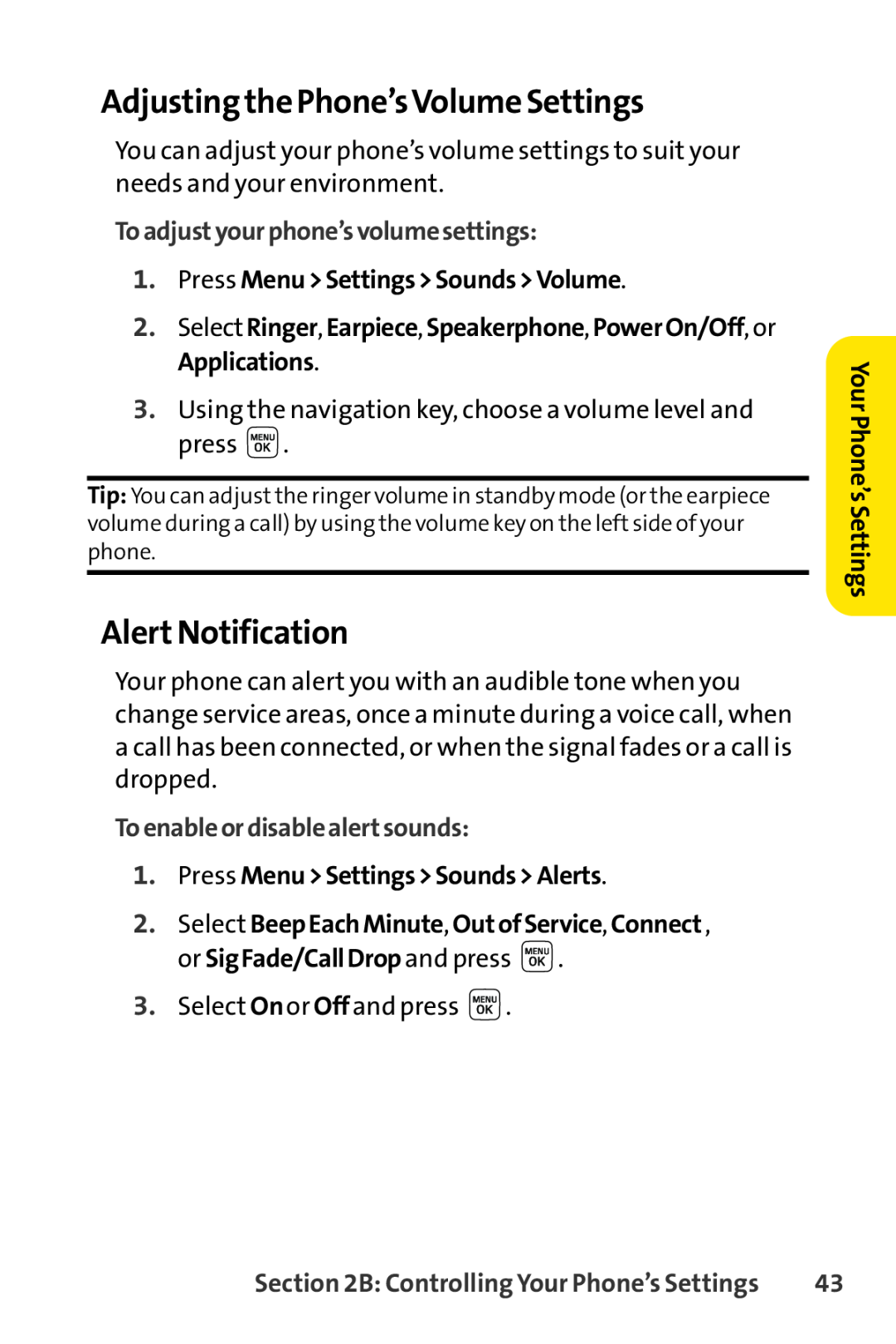 Sprint Nextel LX160 manual Adjusting the Phone’sVolume Settings, AlertNotification, Toadjustyourphone’svolumesettings 
