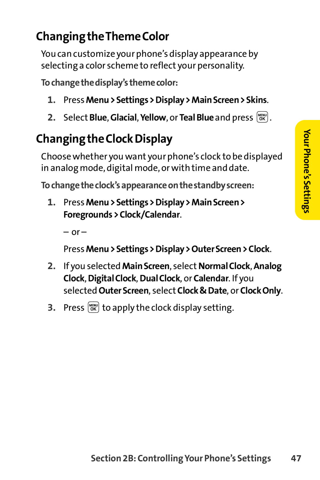 Sprint Nextel LX160 manual Changing theTheme Color, Changing the Clock Display, Tochangethedisplay’sthemecolor 