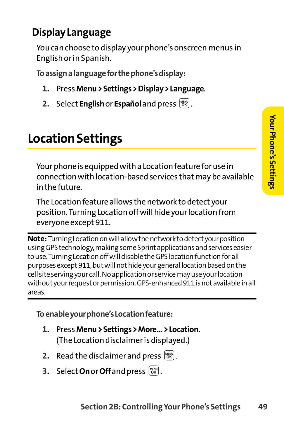 Sprint Nextel LX160 Location Settings, Display Language, Toassignalanguageforthephone’sdisplay, Your Phone’s Settings 