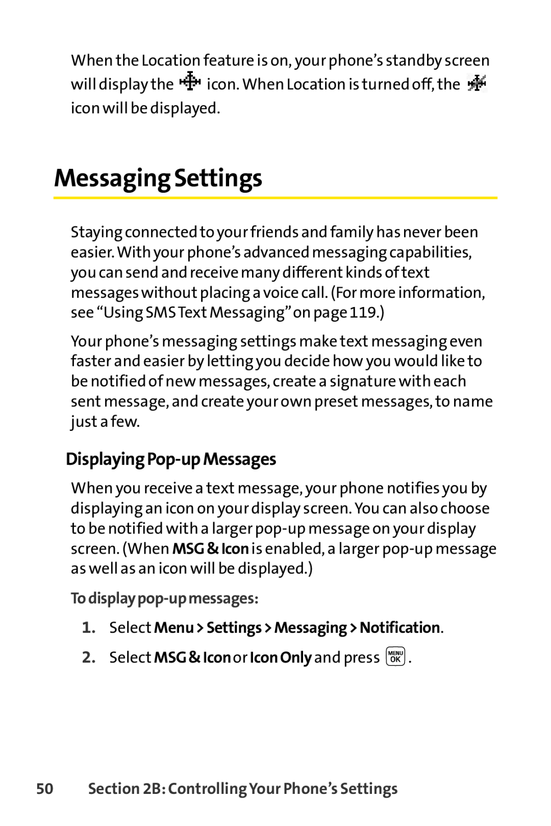 Sprint Nextel LX160 manual Messaging Settings, DisplayingPop-upMessages, Todisplaypop-upmessages 