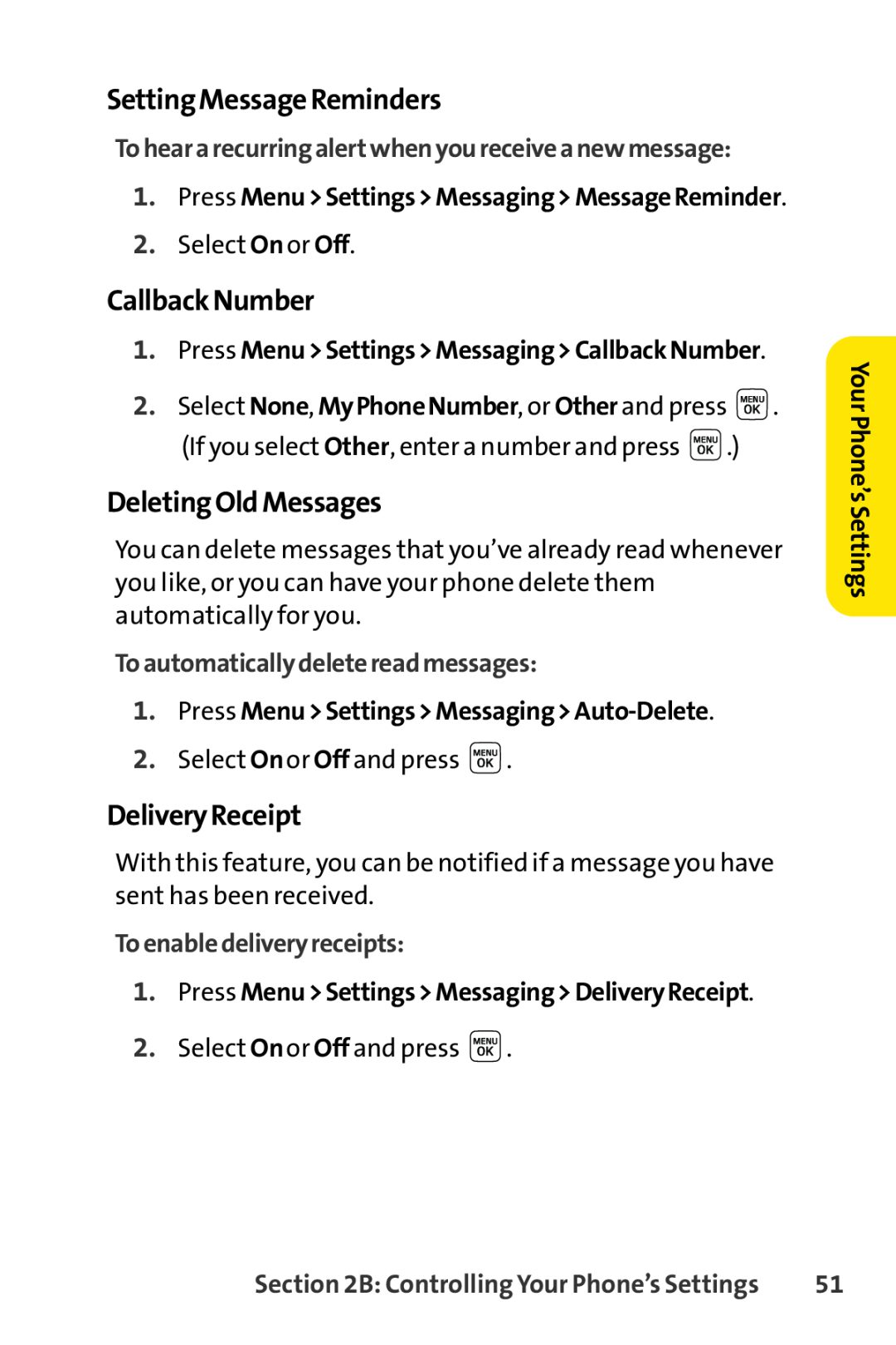 Sprint Nextel LX160 SettingMessageReminders, CallbackNumber, DeletingOldMessages, DeliveryReceipt, Your Phone’s Settings 