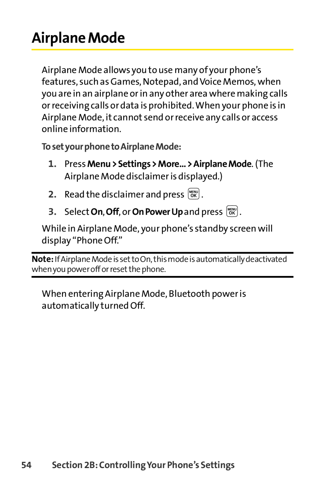 Sprint Nextel LX160 manual Airplane Mode, TosetyourphonetoAirplaneMode, B Controlling Your Phone’s Settings 