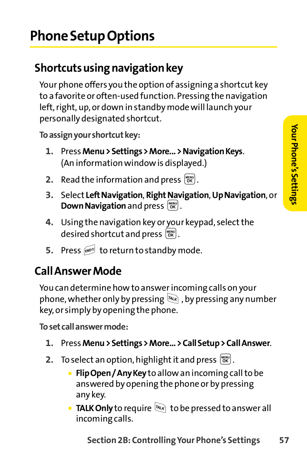 Sprint Nextel LX160 manual Phone Setup Options, Shortcuts using navigation key, Call Answer Mode, Toassignyourshortcutkey 