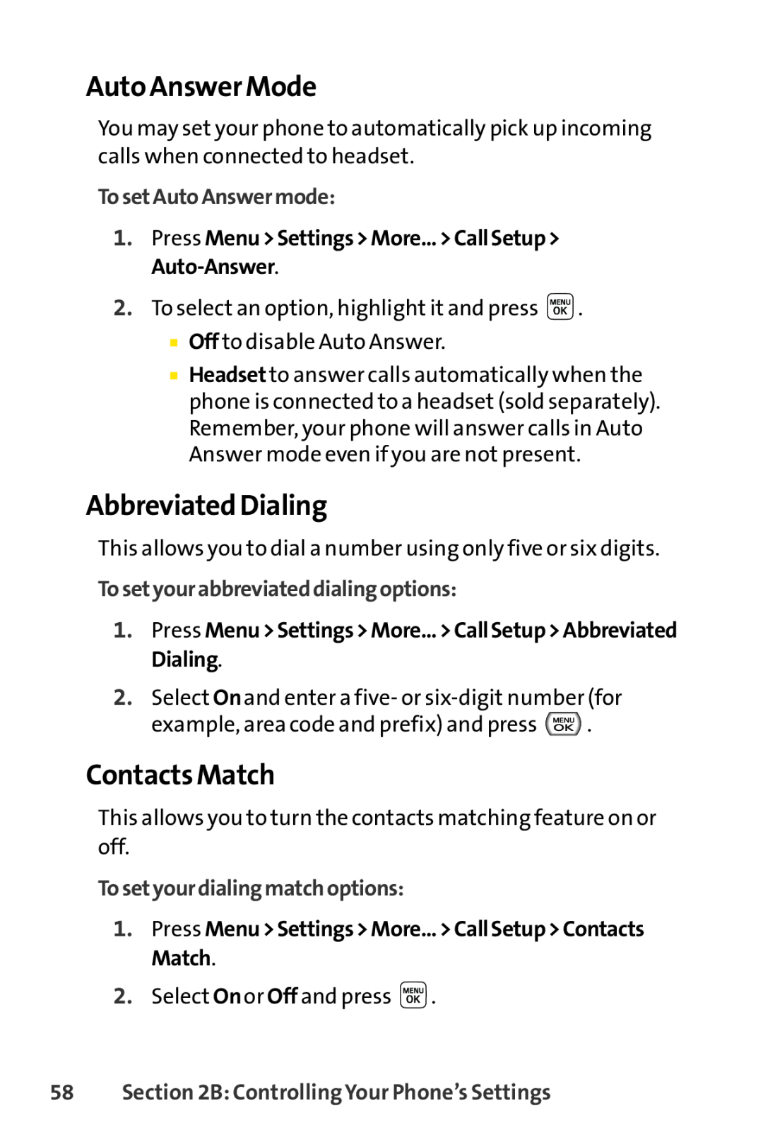 Sprint Nextel LX160 manual Auto Answer Mode, Abbreviated Dialing, Contacts Match, TosetAutoAnswermode 