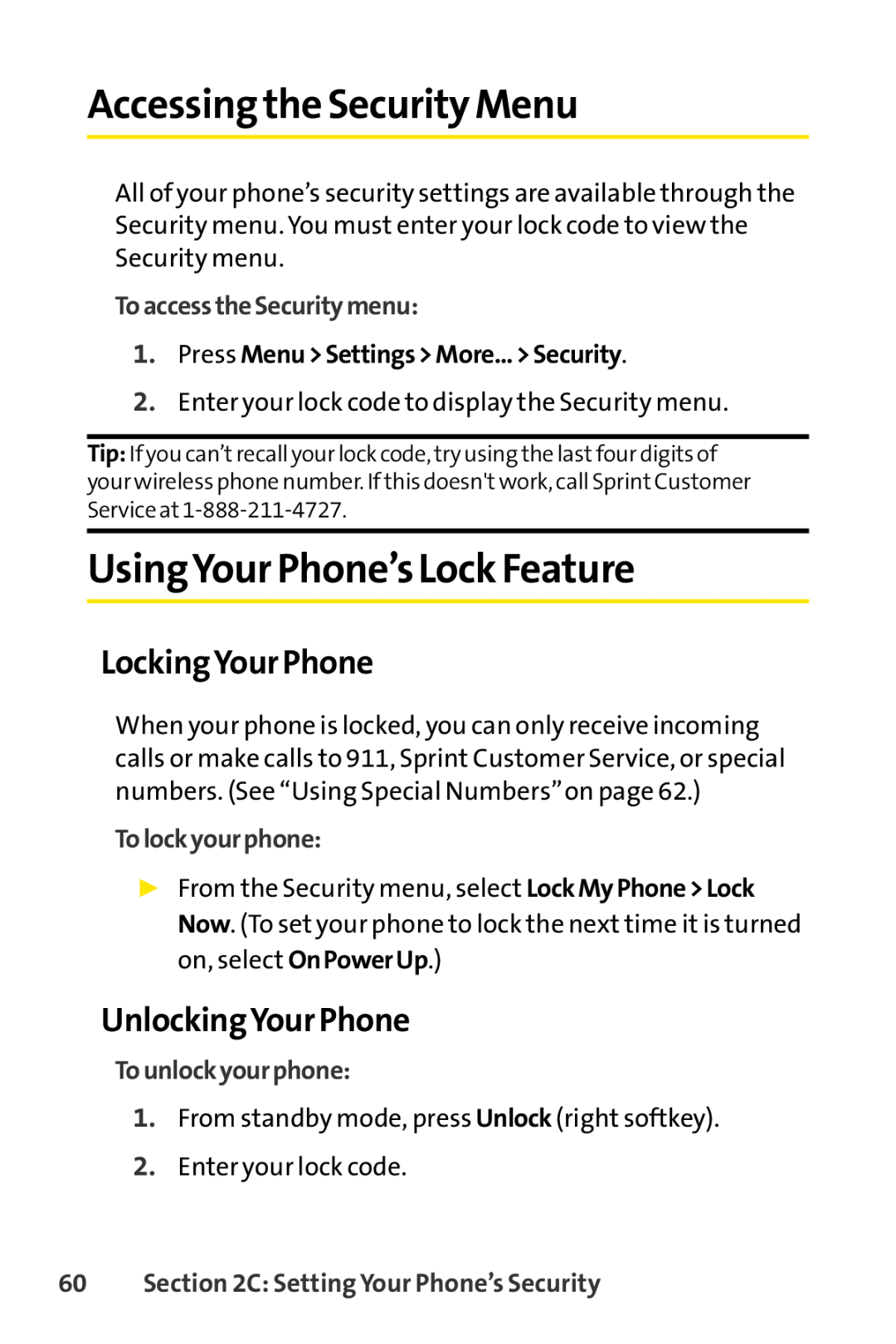 Sprint Nextel LX160 Accessing the Security Menu, UsingYour Phone’s Lock Feature, LockingYour Phone, UnlockingYour Phone 