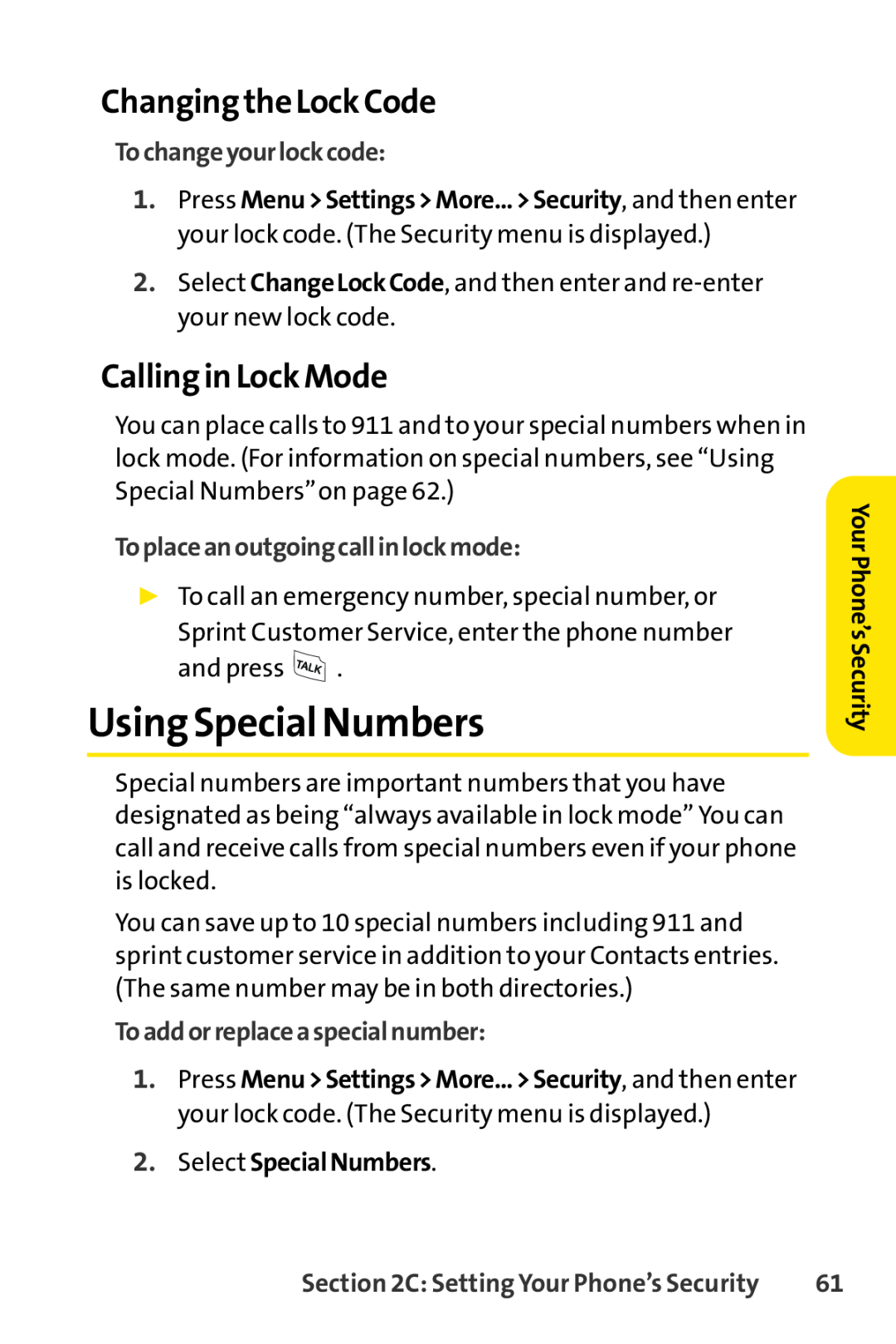 Sprint Nextel LX160 manual Using Special Numbers, Changingthe Lock Code, Calling in Lock Mode, Tochangeyourlockcode 