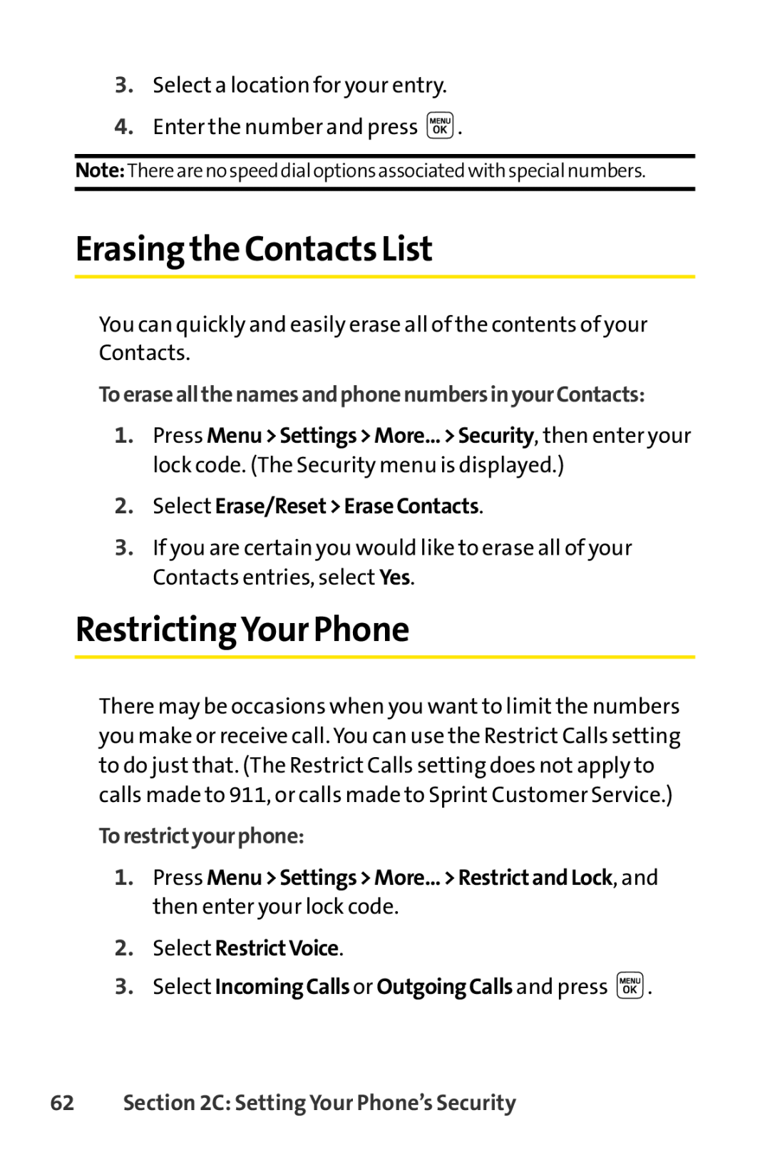 Sprint Nextel LX160 manual Erasingthe Contacts List, RestrictingYour Phone, ToeraseallthenamesandphonenumbersinyourContacts 