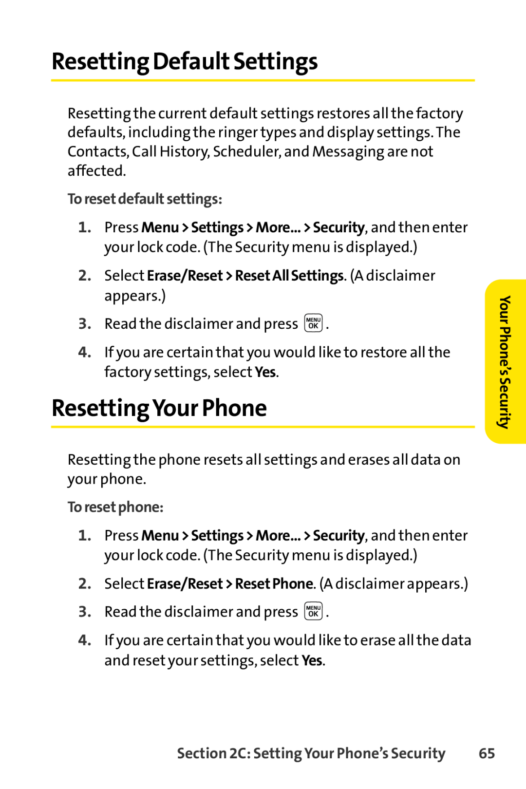 Sprint Nextel LX160 manual Resetting DefaultSettings, ResettingYour Phone, Toresetdefaultsettings, Toresetphone 