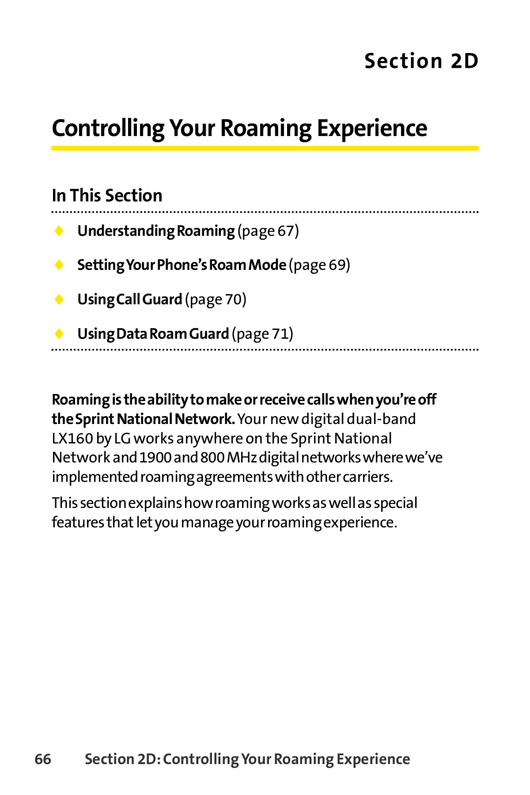 Sprint Nextel LX160 Controlling Your Roaming Experience, D,  UnderstandingRoaming page  SettingYourPhone’sRoamMode page 