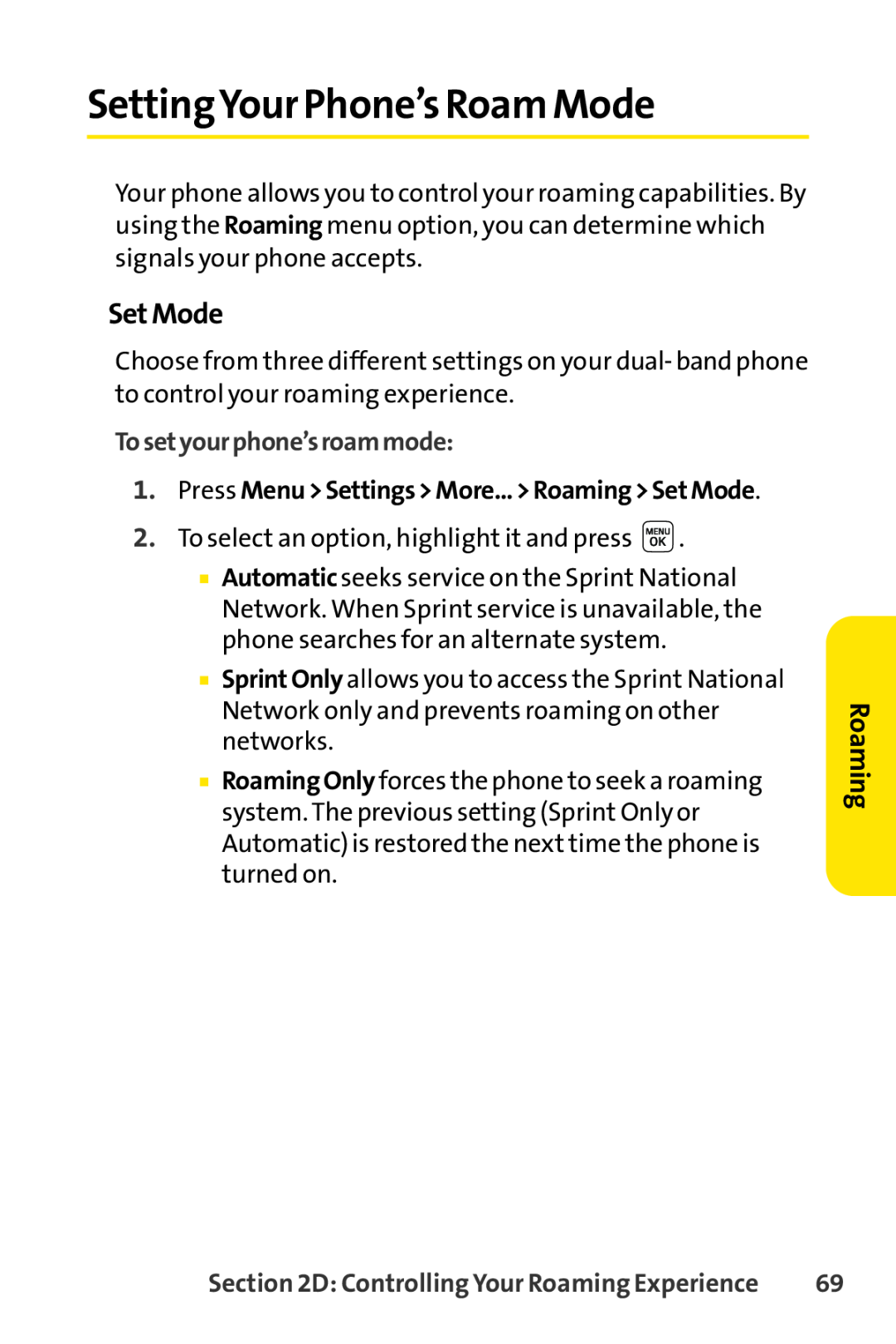 Sprint Nextel LX160 manual SettingYour Phone’s Roam Mode, Set Mode, Tosetyourphone’sroammode, Roaming 