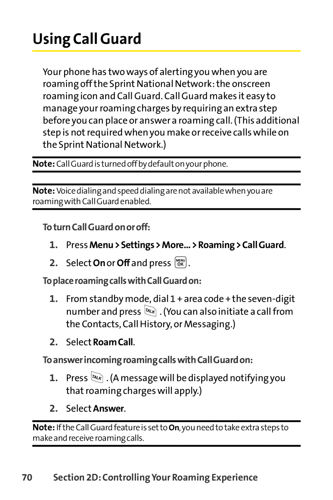 Sprint Nextel LX160 manual Using Call Guard, ToturnCallGuardonoroff, Press MenuSettingsMore...RoamingCallGuard 