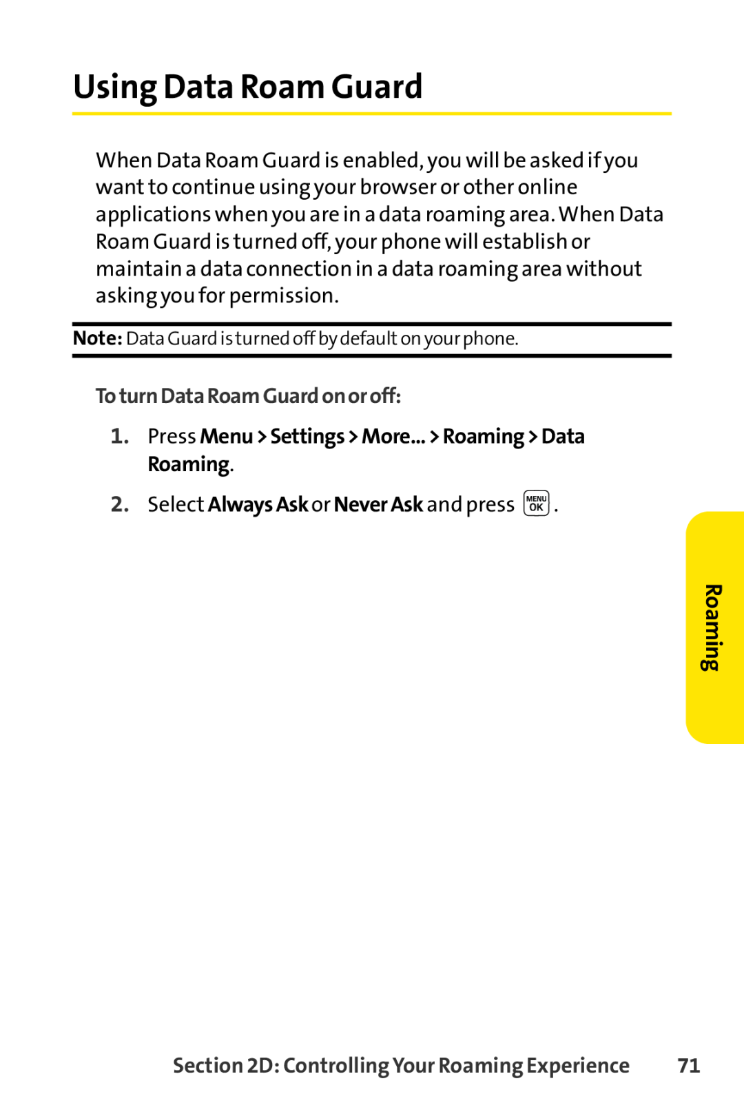 Sprint Nextel LX160 manual Using Data Roam Guard, ToturnDataRoamGuardonoroff, Roaming 