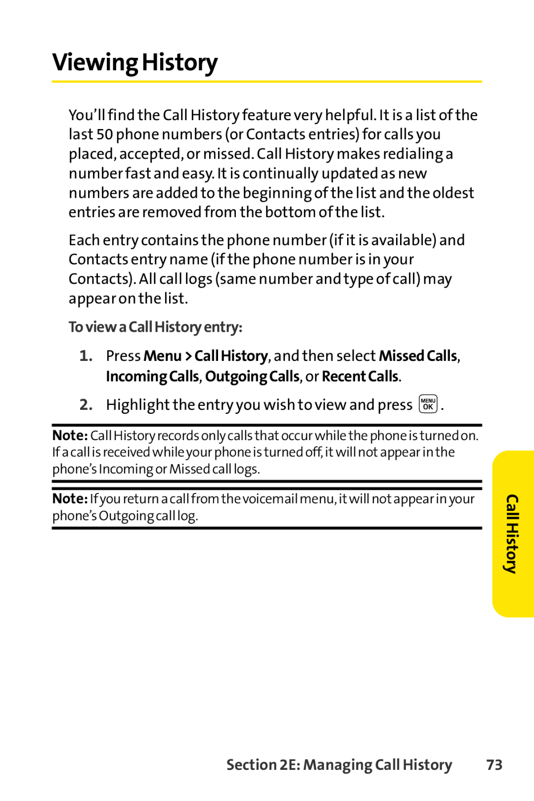 Sprint Nextel LX160 manual Viewing History, Call History, ToviewaCallHistoryentry 