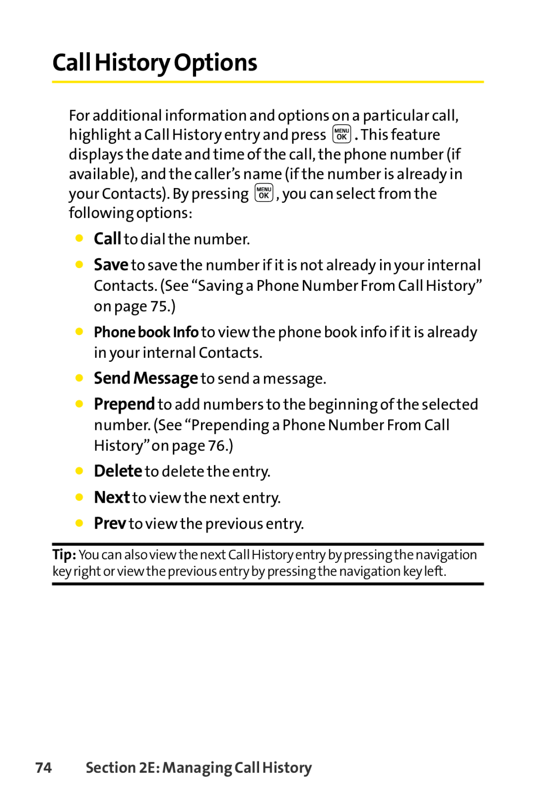 Sprint Nextel LX160 manual Call History Options, E Managing Call History 