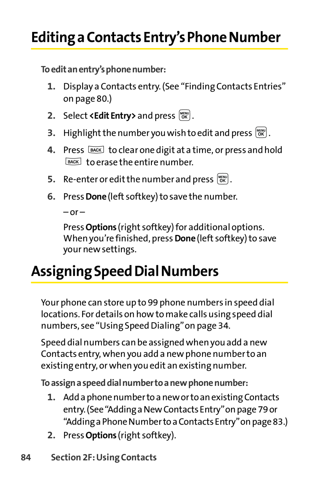 Sprint Nextel LX160 Assigning Speed Dial Numbers, Editing a Contacts Entry’s Phone Number, Toeditanentry’sphonenumber 