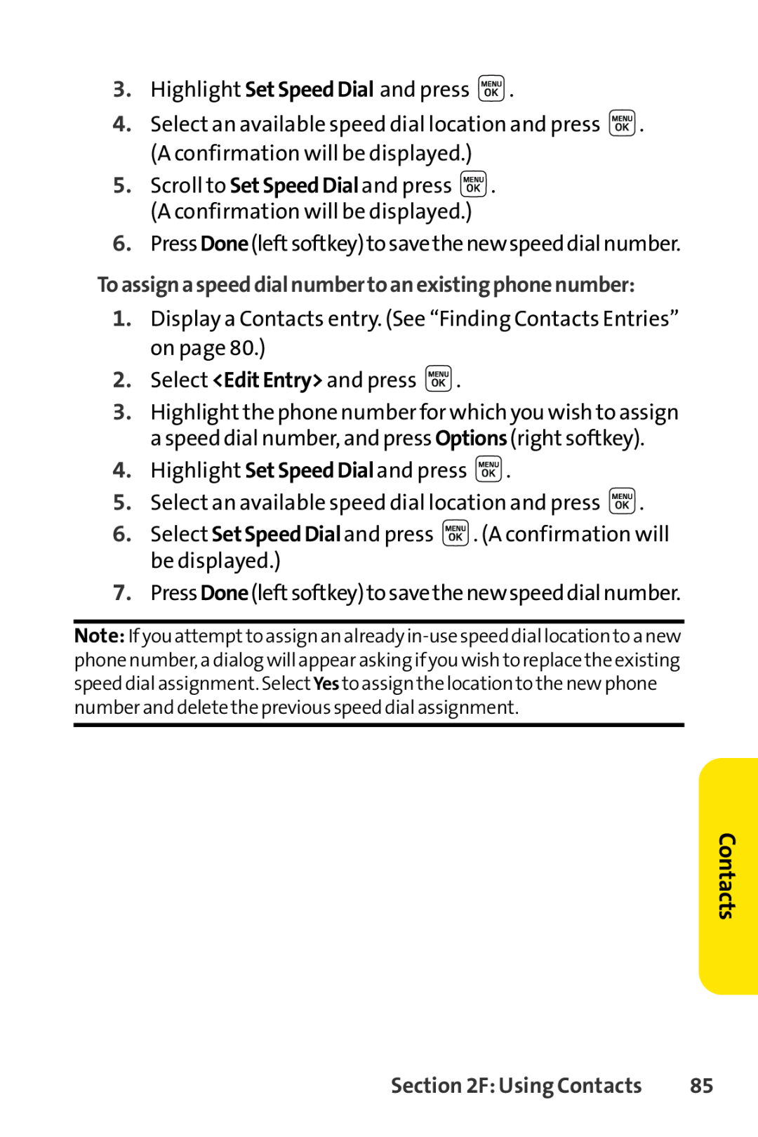 Sprint Nextel LX160 manual Toassignaspeeddialnumbertoanexistingphonenumber, Contacts 