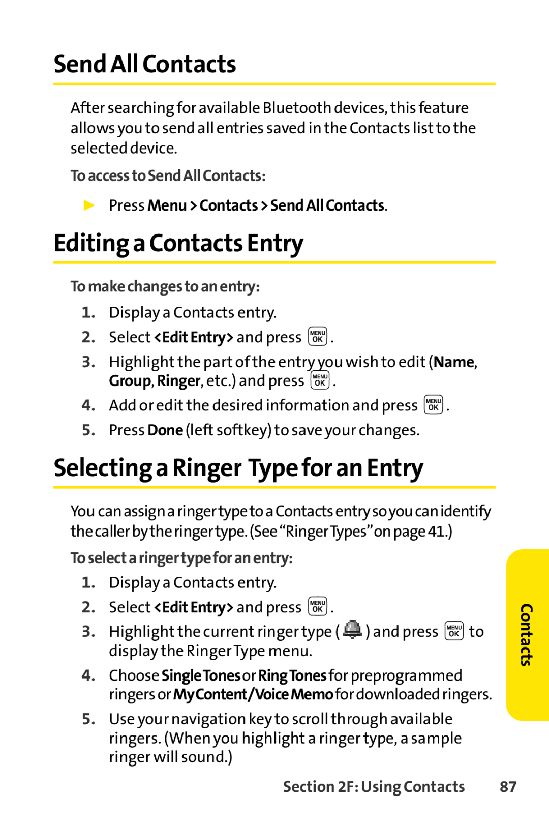 Sprint Nextel LX160 manual Send All Contacts, Editinga Contacts Entry, Selecting a Ringer Type for an Entry 
