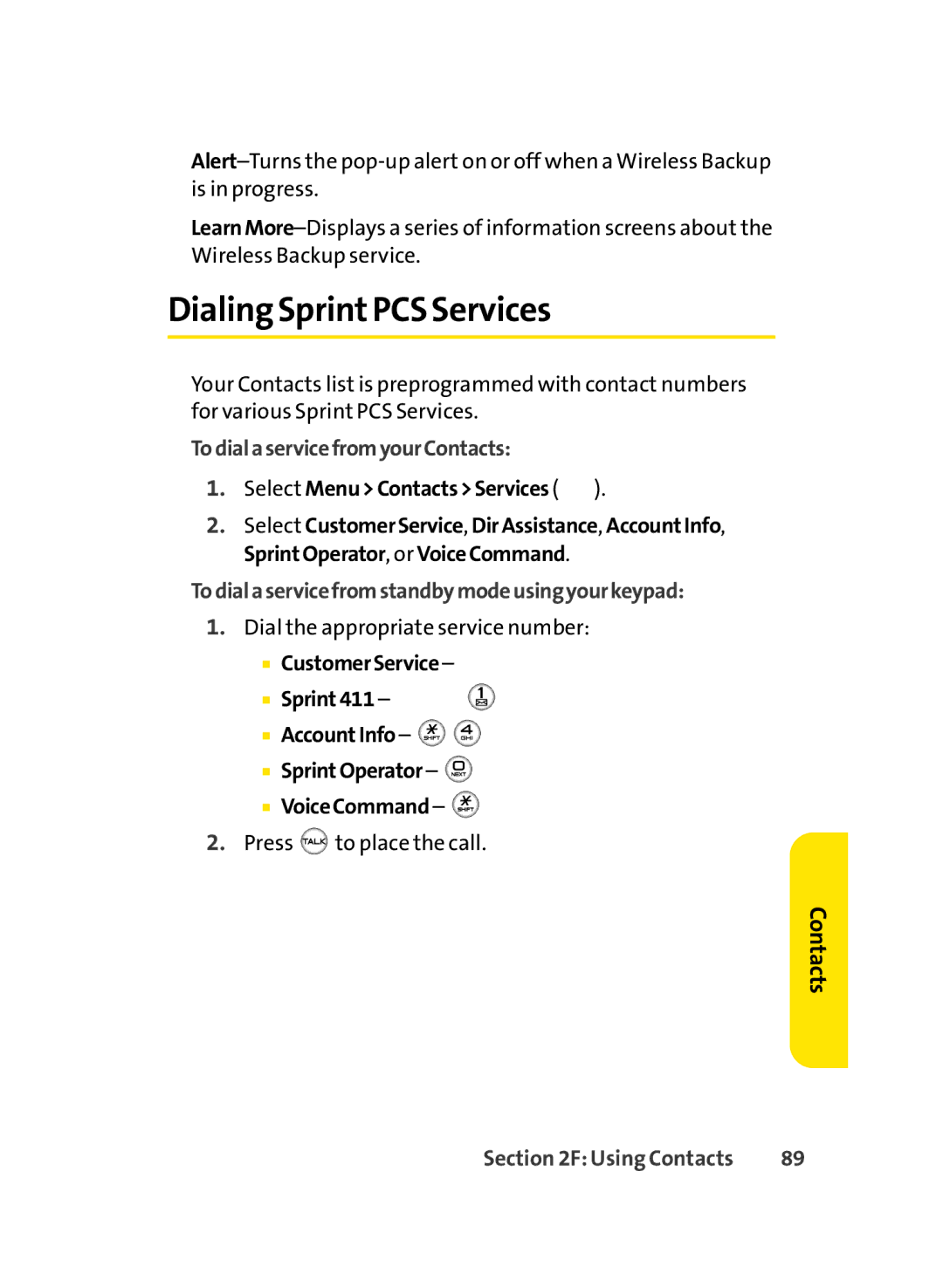 Sprint Nextel LX350 manual Dialing SprintPCS Services, TodialaservicefromyourContacts, Select MenuContactsServices 