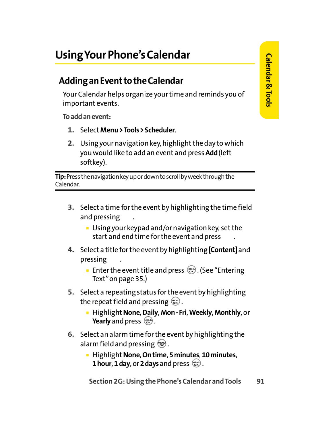 Sprint Nextel LX350 UsingYour Phone’s Calendar, Adding an Eventto the Calendar, Toaddanevent, Select MenuToolsScheduler 