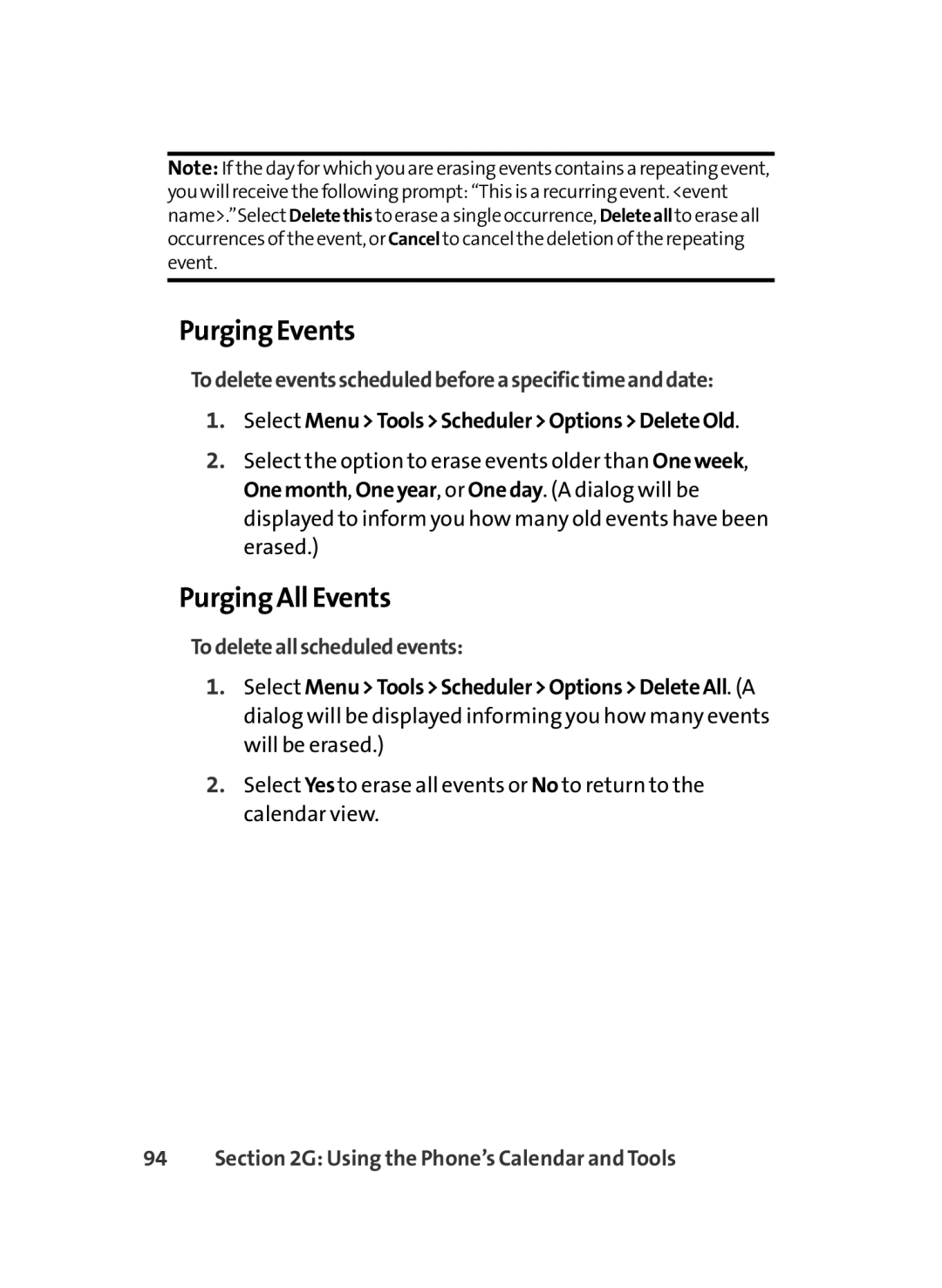 Sprint Nextel LX350 manual Purging Events, Purging All Events, Todeleteeventsscheduledbeforeaspecifictimeanddate 