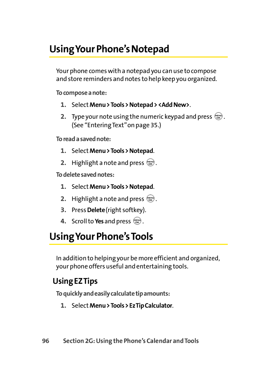 Sprint Nextel LX350 manual UsingYour Phone’s Notepad, UsingYour Phone’sTools, Using EZTips 