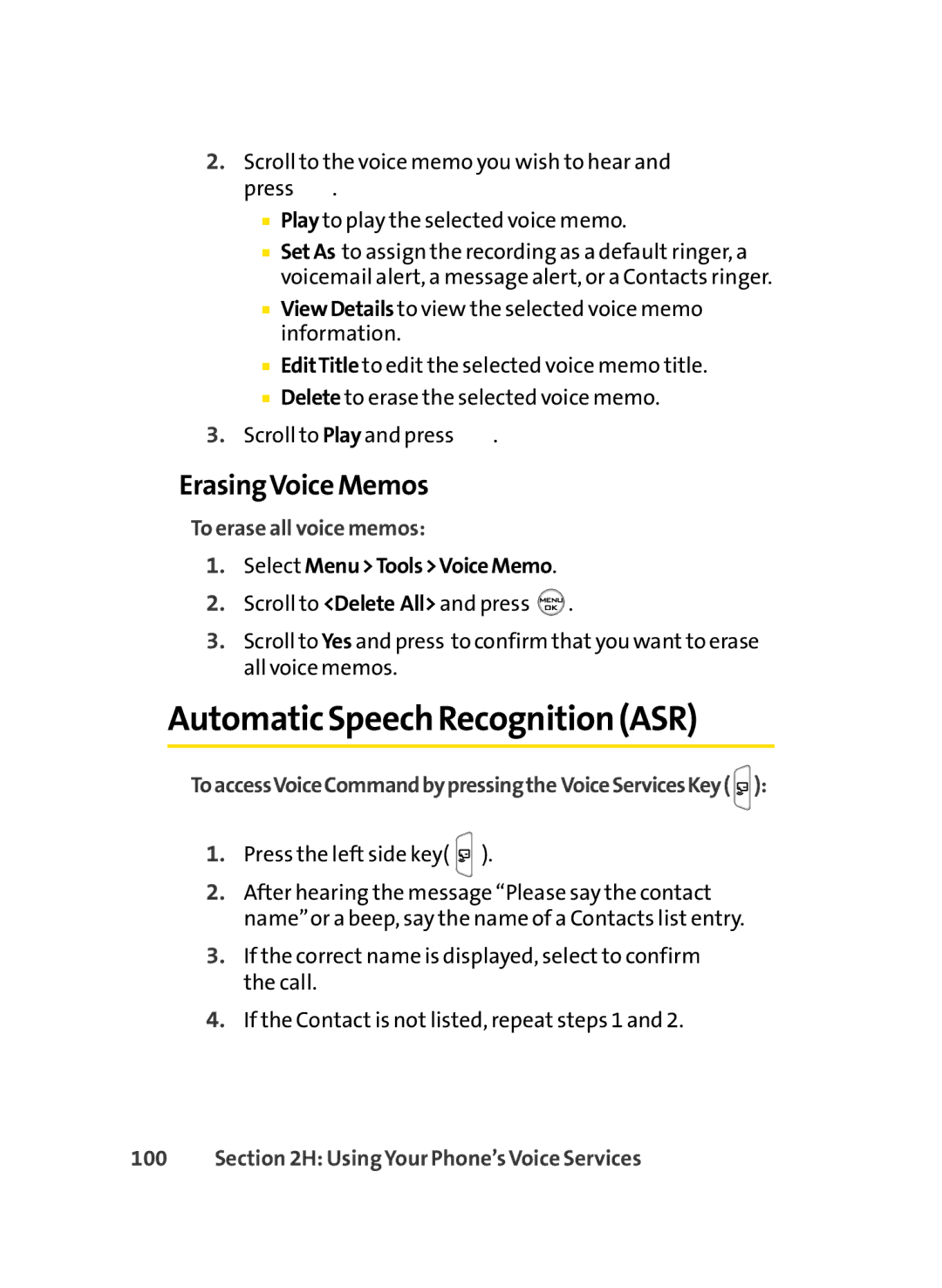 Sprint Nextel LX350 manual Automatic Speech Recognition ASR, ErasingVoice Memos, To erase all voice memos 