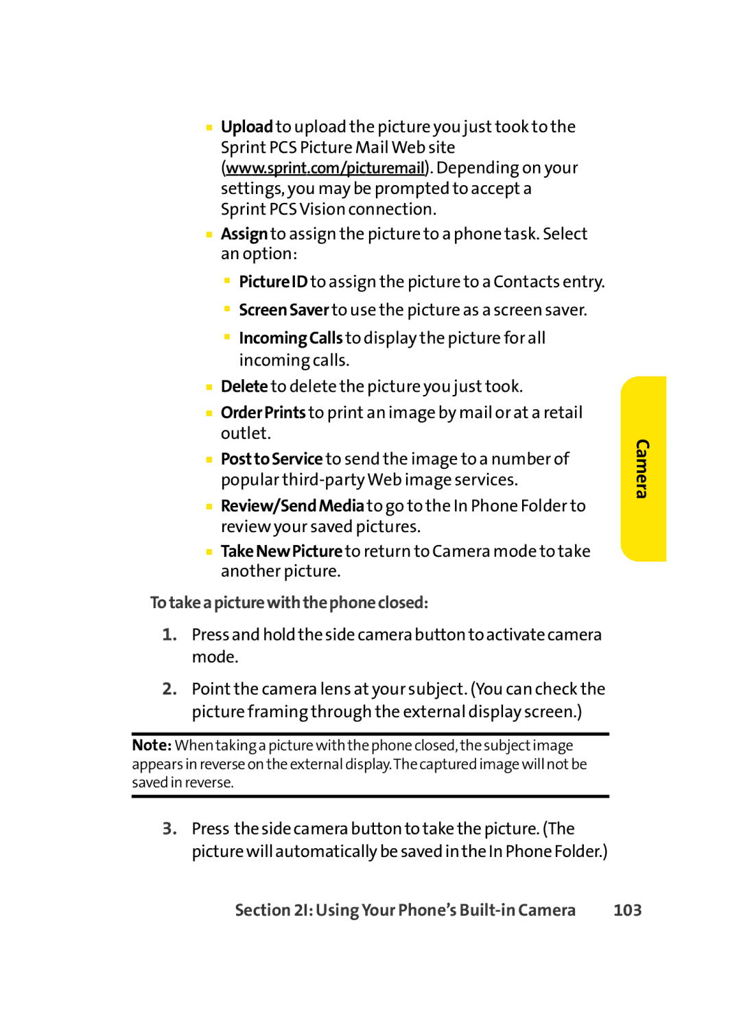 Sprint Nextel LX350 manual Totakeapicturewiththephoneclosed, 103 